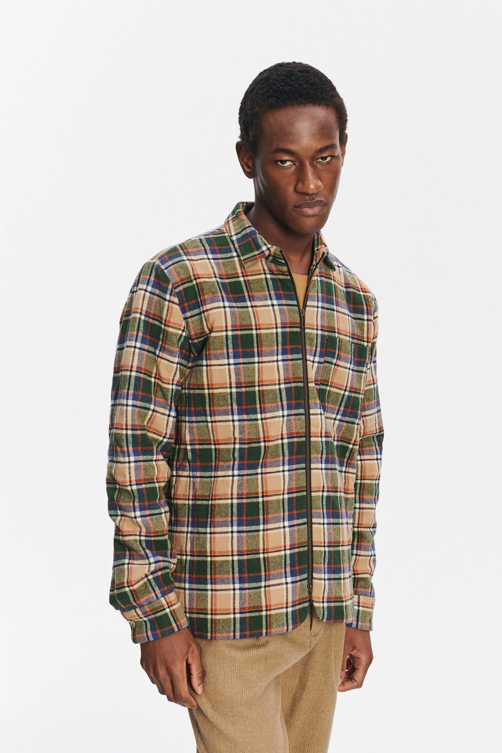 Insulated Jacket in a Chequered Green, Beige, Navy and Orange Soft High End Italian Virgin Wool with Freudenberg Insulation