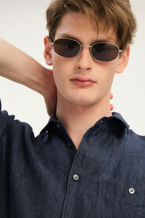 Strong Shirt in a Navy Blue Micro Herringbone Italian Cotton