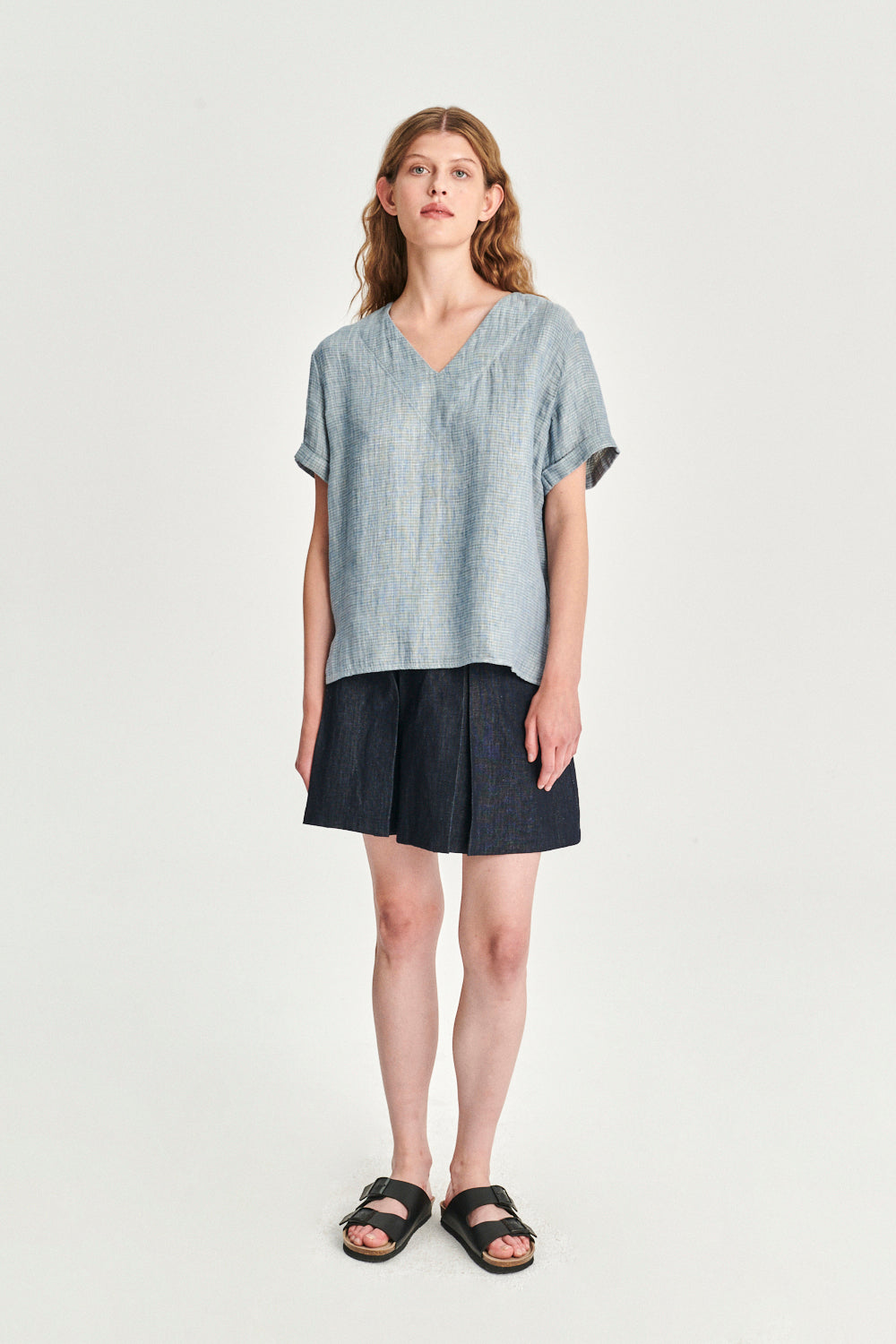 Relaxed Top in a Double Sided Blue Fatigue Italian Linen