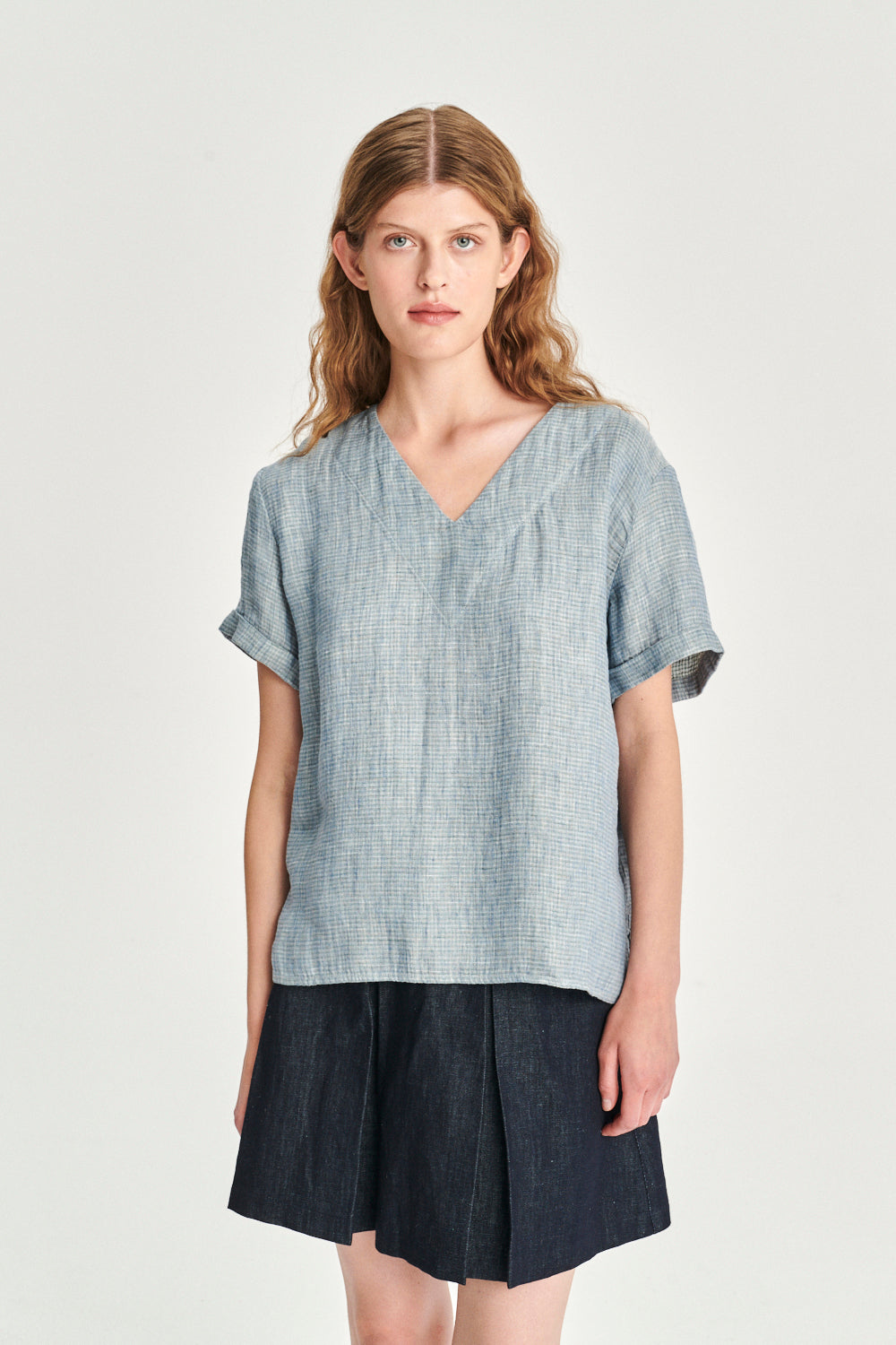 Relaxed Top in a Double Sided Blue and Green Italian Fatigue Linen and Cotton