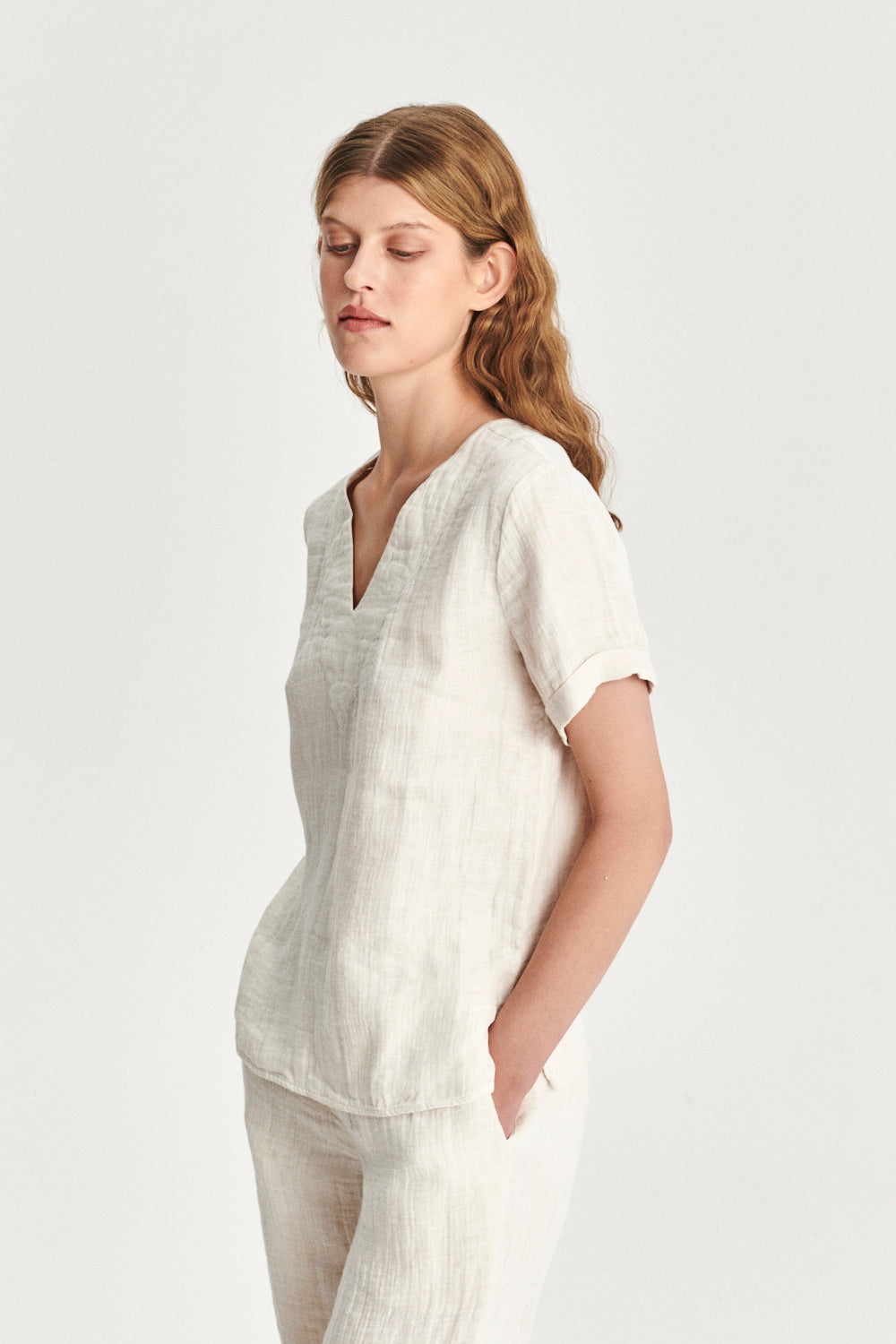 Relaxed Top in a Double Sided Off-White Fatigue Italian Linen