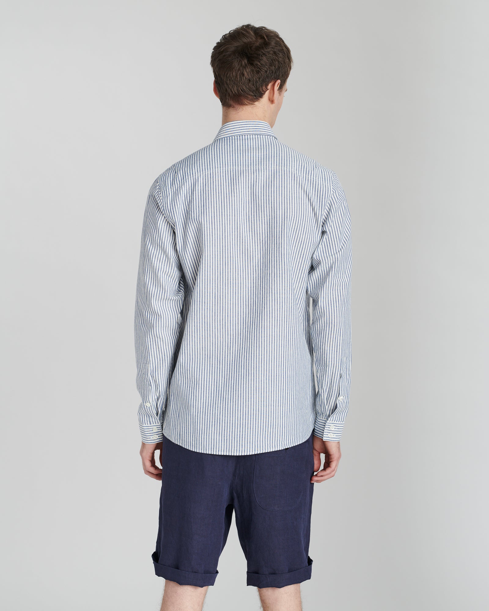 Proper Double Pocket Shirt in a Navy Blue and White Striped Portuguese Cotton