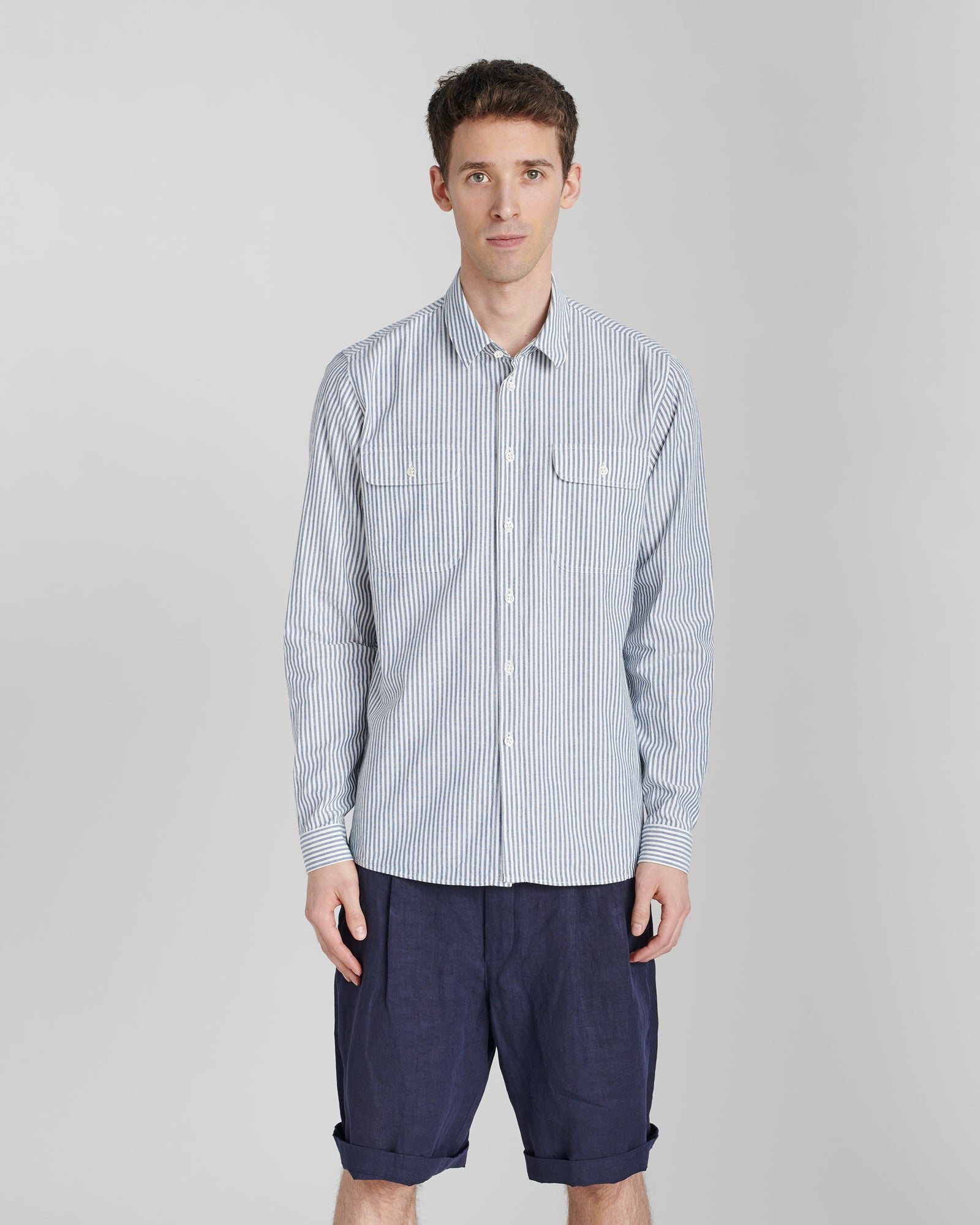 Proper Double Pocket Shirt in a Navy Blue and White Striped Portuguese Cotton