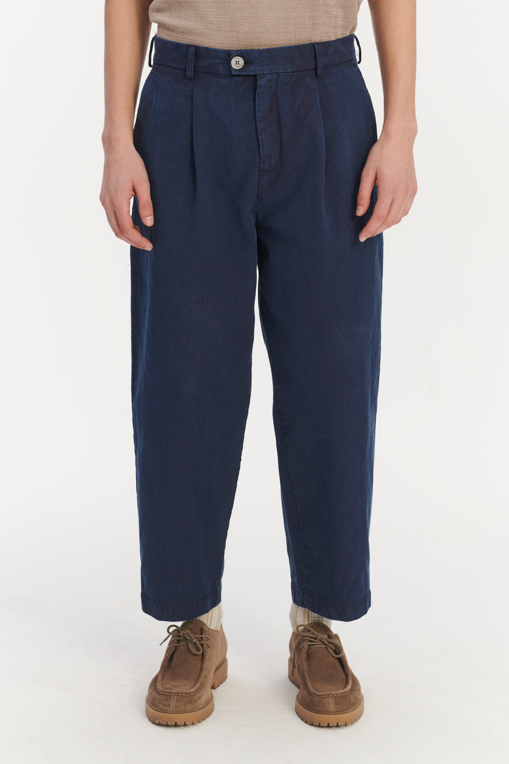 Cropped Trousers in a Navy Blue Rinsed Italian Cotton Denim - Made to Order