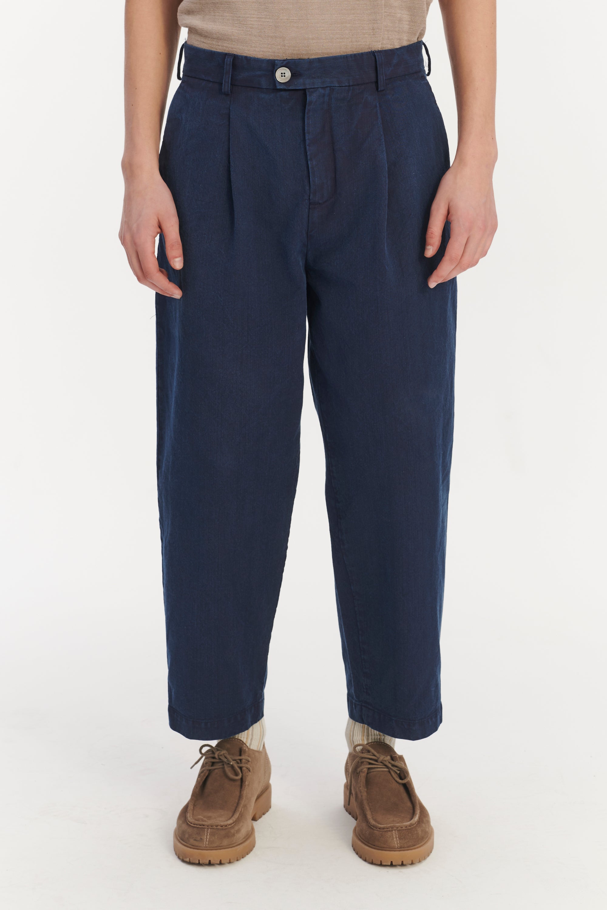 Cropped Trousers in a Navy Blue Rinsed Italian Cotton Denim - Made to Order