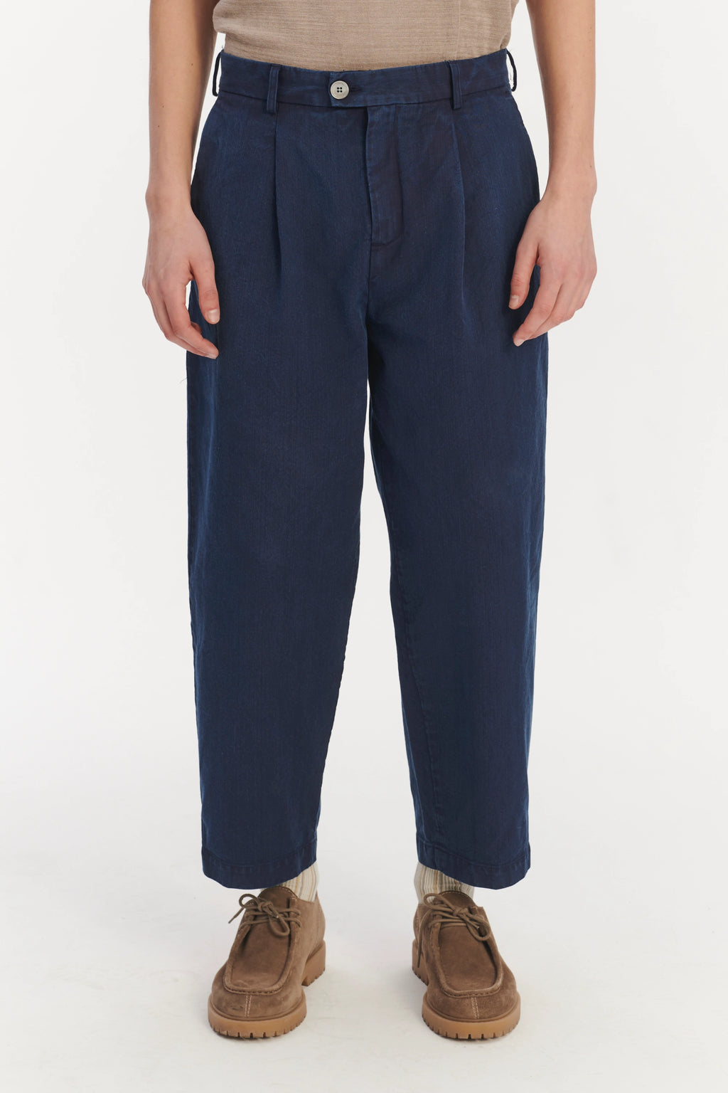 Cropped Trousers in a Navy Blue Rinsed Italian Cotton Denim - Made to Order