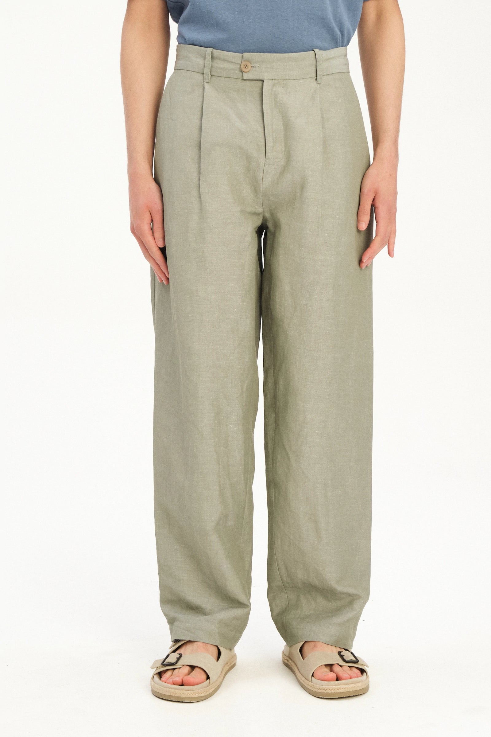 Amsterdam Trousers in a Sage Green Italian Blend of Cotton and Linen