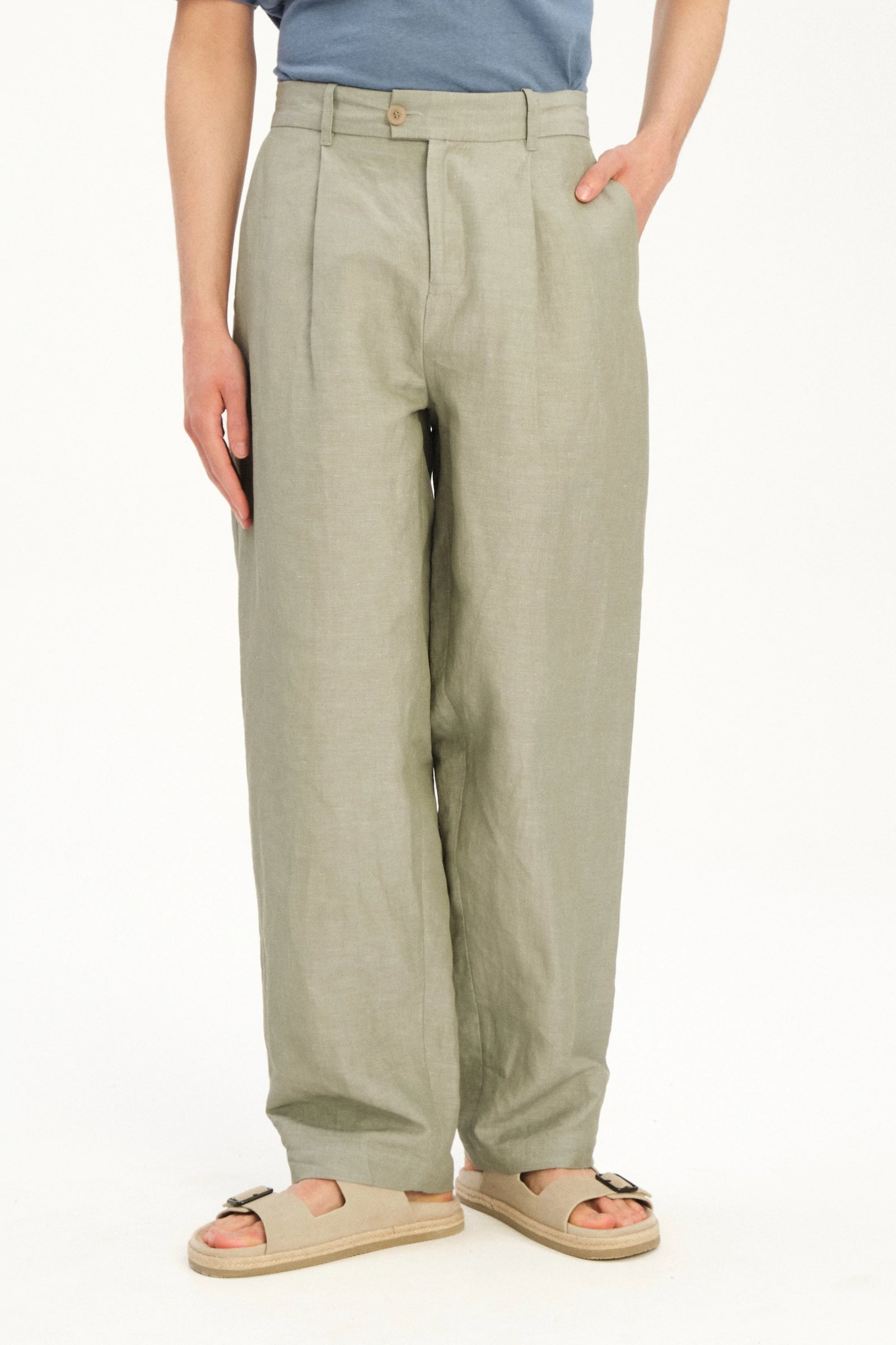 Amsterdam Trousers in a Sage Green Italian Blend of Cotton and Linen