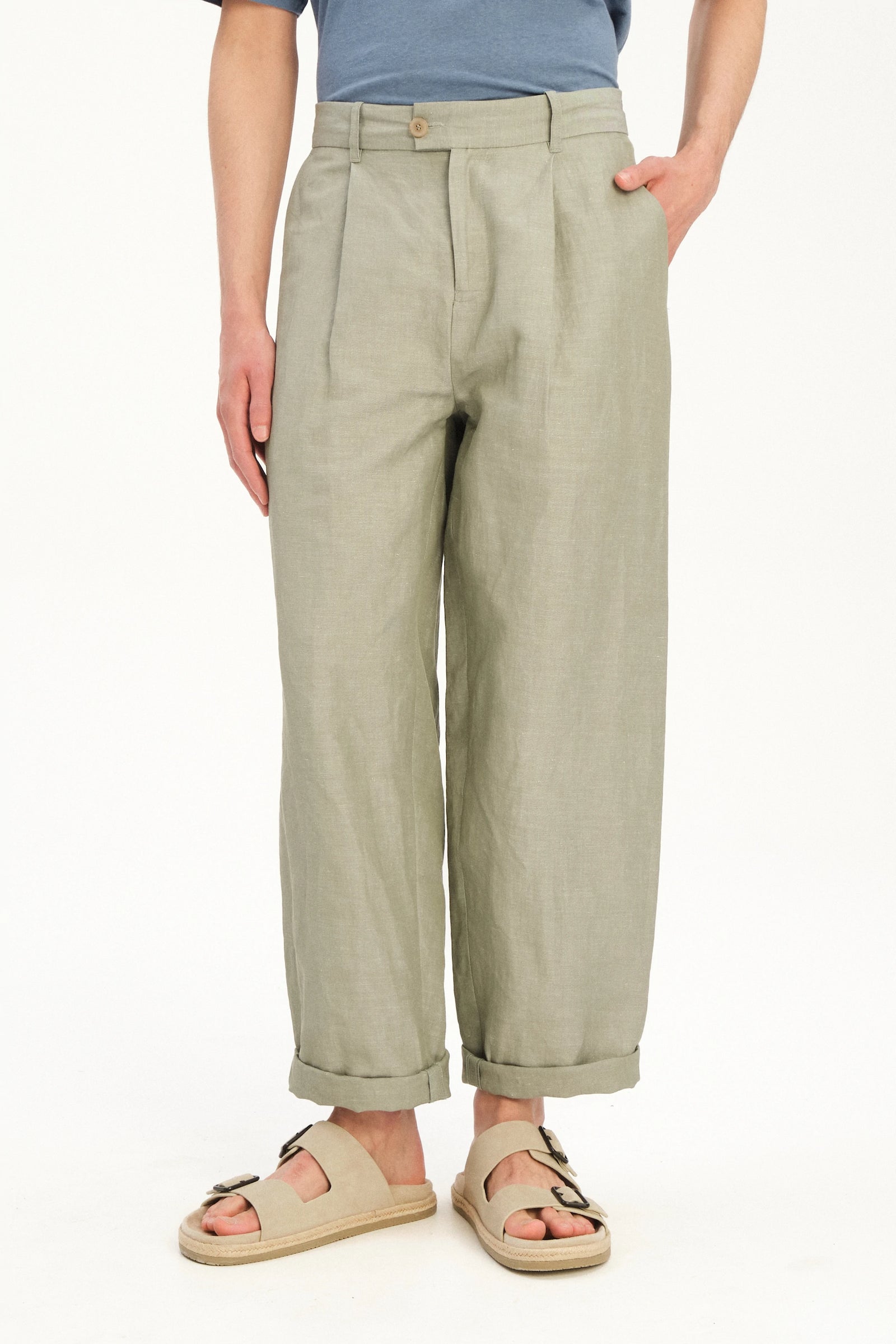 Amsterdam Trousers in a Sage Green Italian Blend of Cotton and Linen