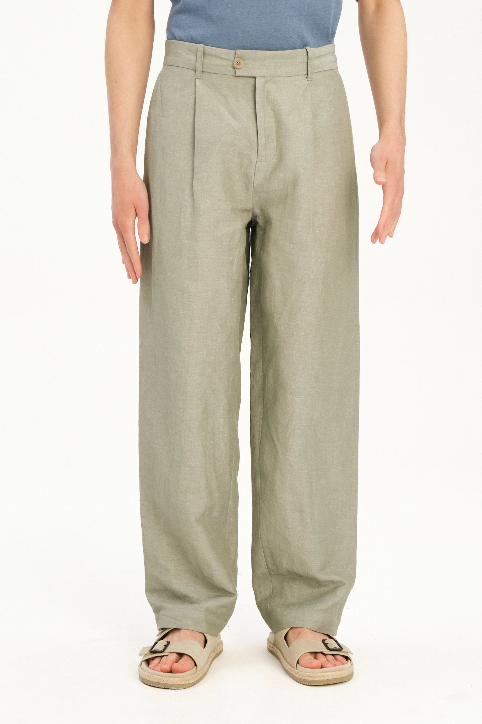 Amsterdam Trousers in a Sage Green Italian Blend of Cotton and Linen