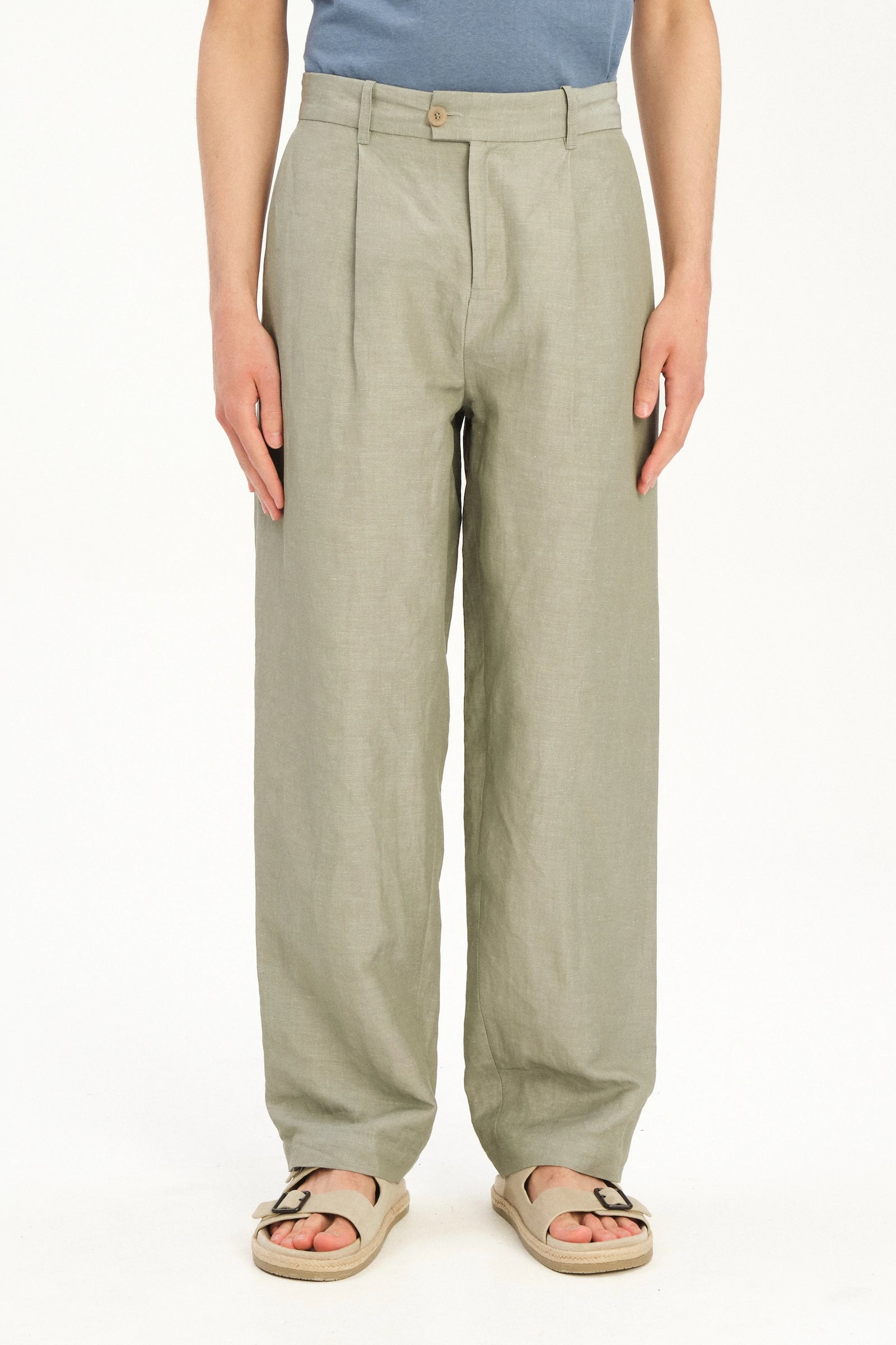 Amsterdam Trousers in a Sage Green Italian Blend of Cotton and Linen