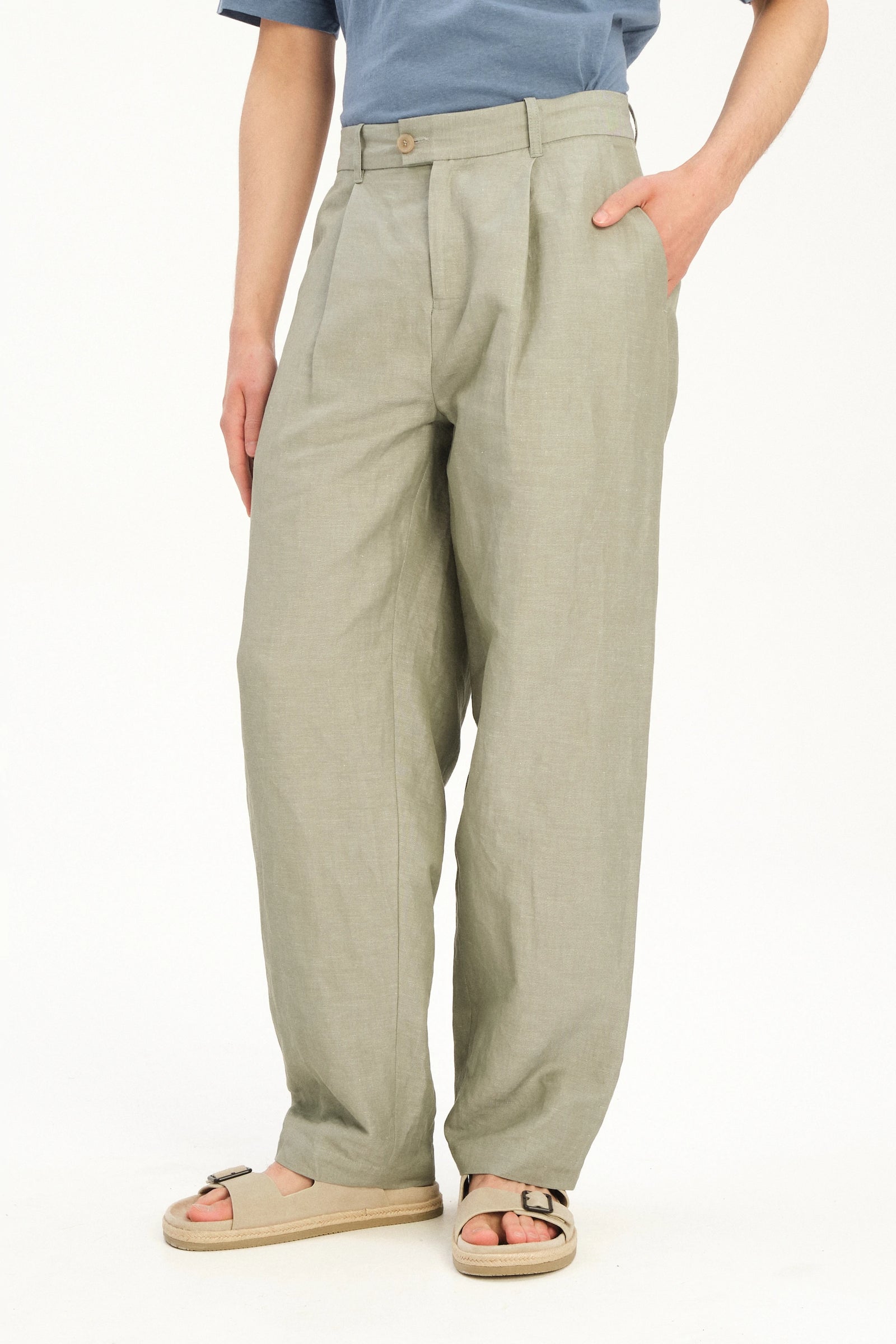 Amsterdam Trousers in a Sage Green Italian Blend of Cotton and Linen