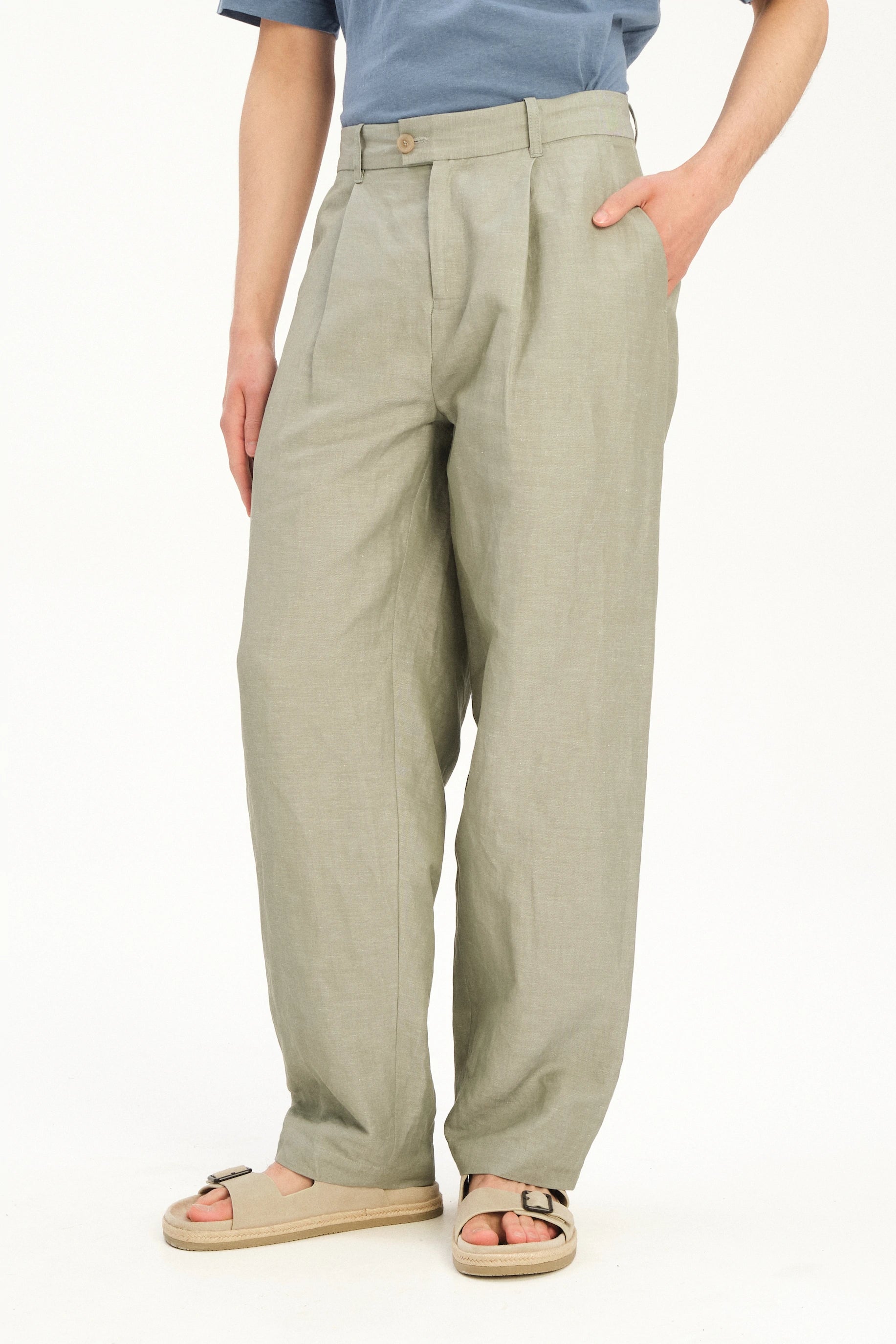 Amsterdam Trousers in a Green Italian Blend of Cotton and Linen