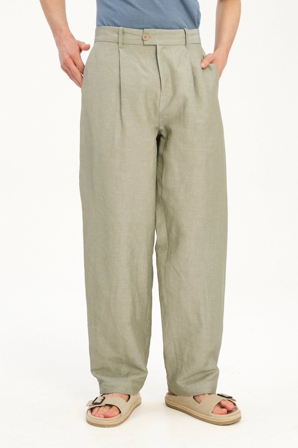 Amsterdam Trousers in a Sage Green Italian Blend of Cotton and Linen