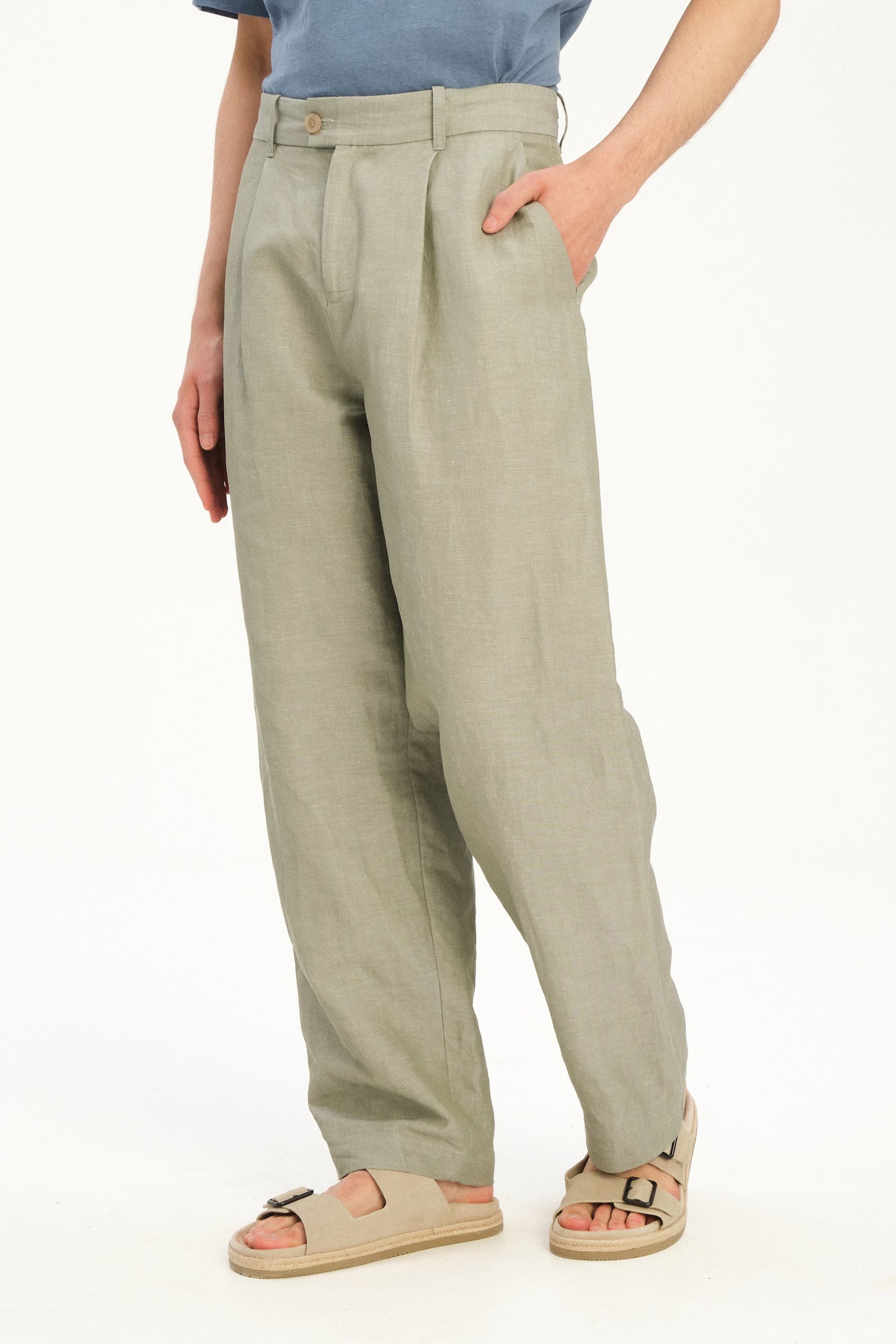 Amsterdam Trousers in a Sage Green Italian Blend of Cotton and Linen