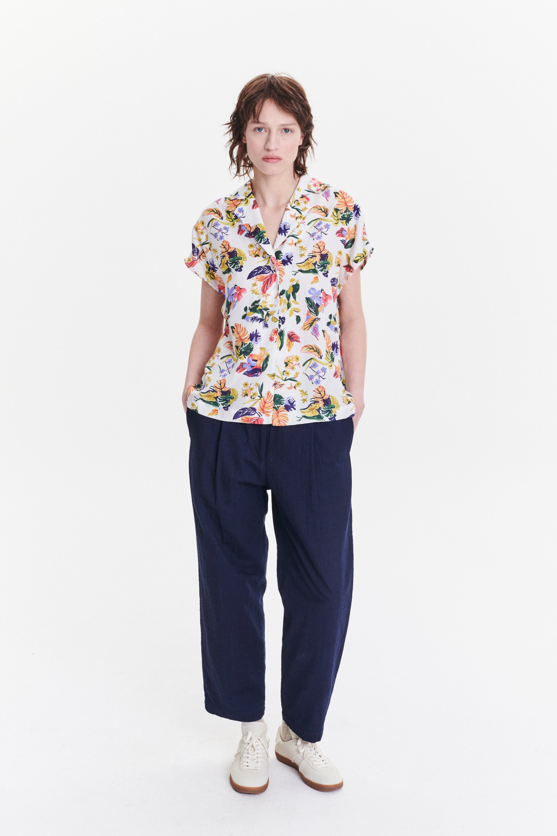 Top  in a Green, Yellow, Blue and Pink Flower Natural Italian Lyocell