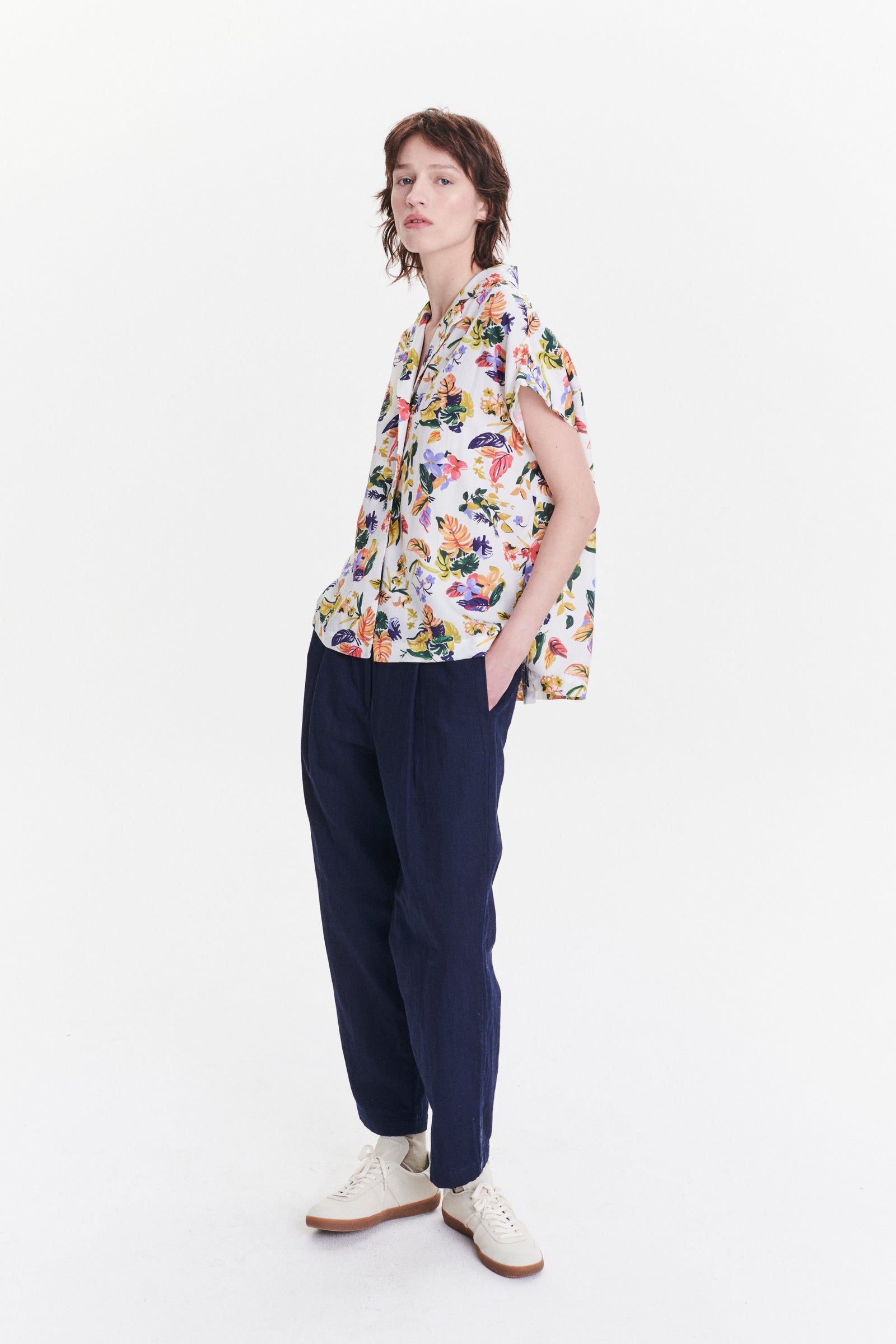Top  in a Green, Yellow, Blue and Pink Flower Natural Italian Lyocell