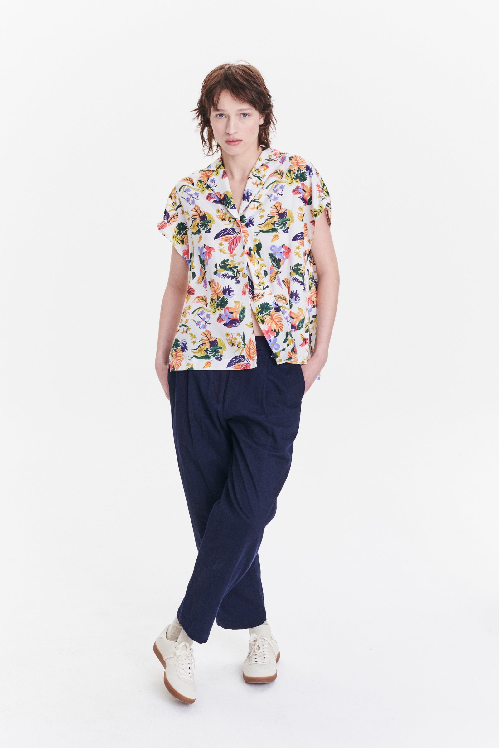 Top  in a Green, Yellow, Blue and Pink Flower Natural Italian Lyocell