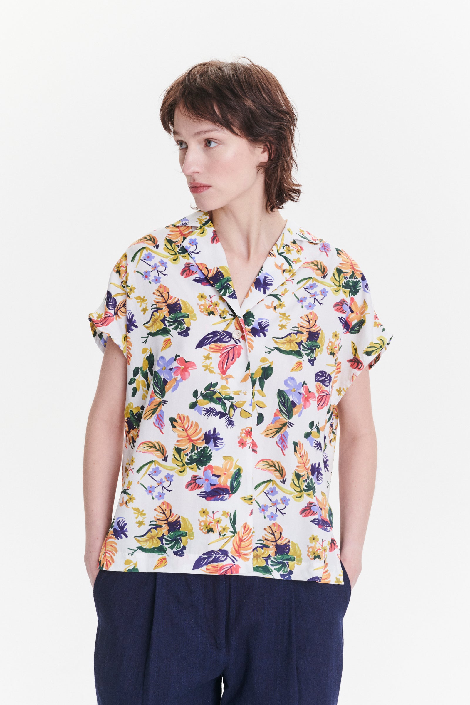 Top  in a Green, Yellow, Blue and Pink Flower Natural Italian Lyocell