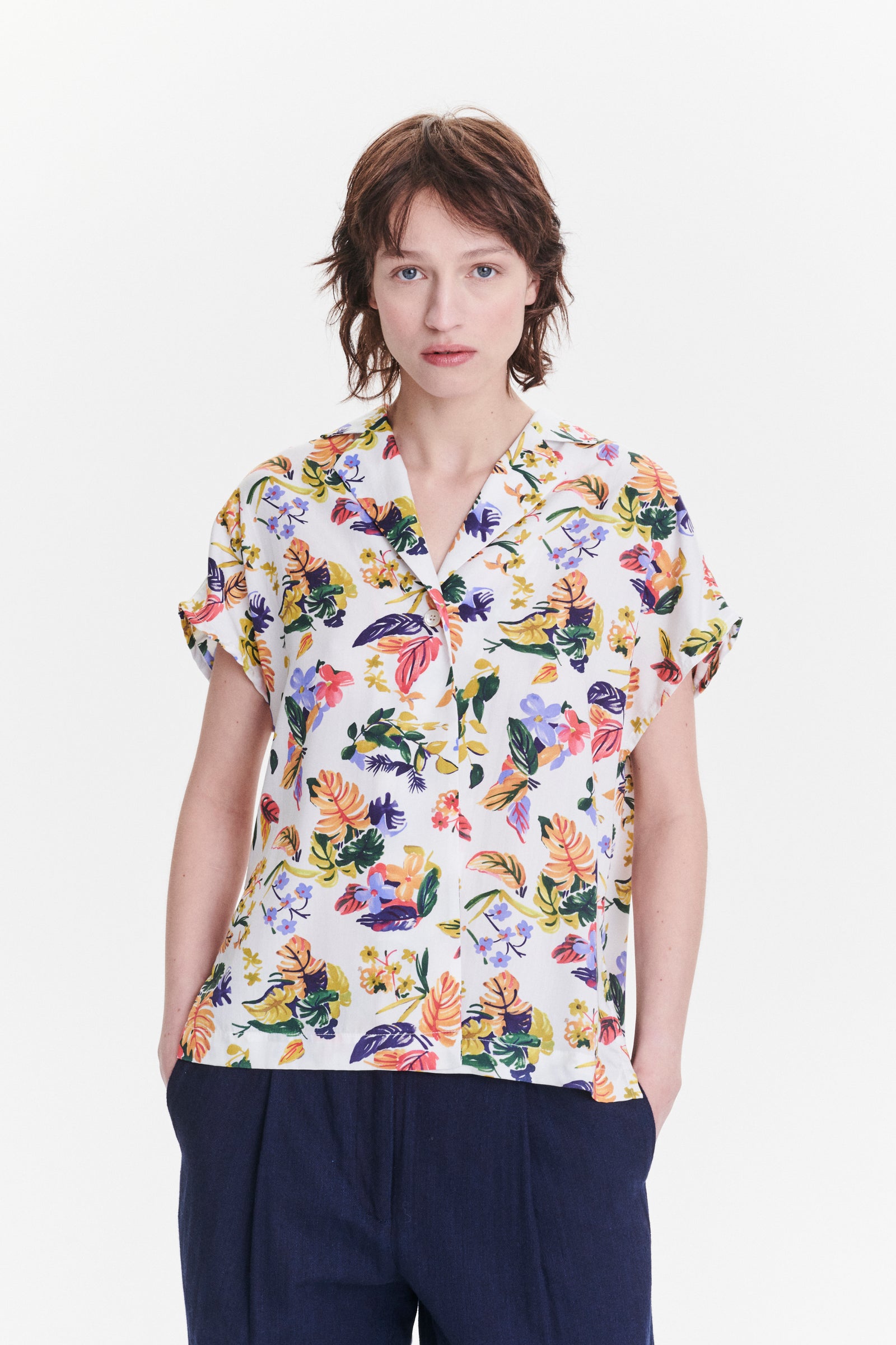Top  in a Green, Yellow, Blue and Pink Flower Natural Italian Lyocell