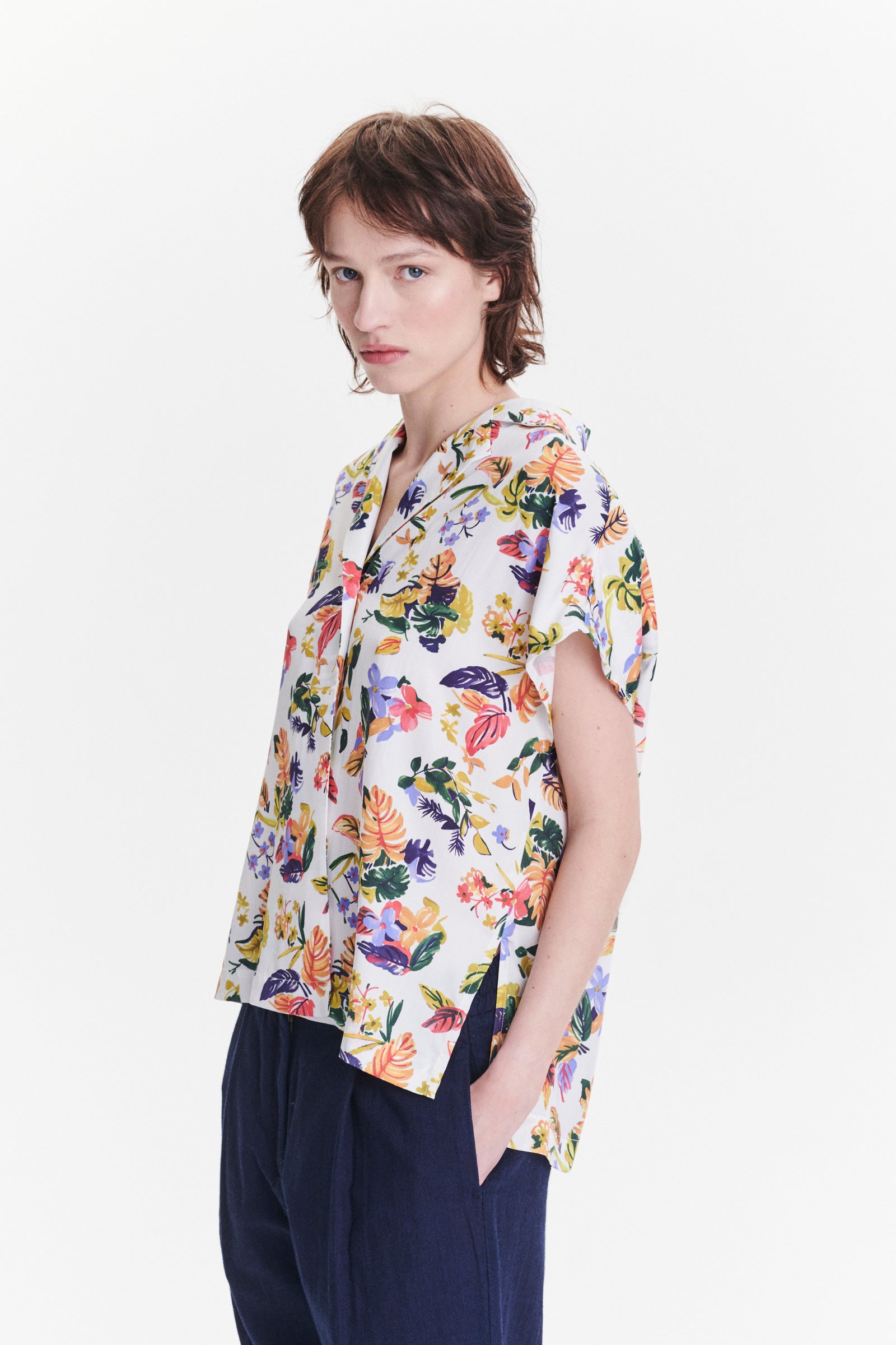 Top  in a Green, Yellow, Blue and Pink Flower Natural Italian Lyocell