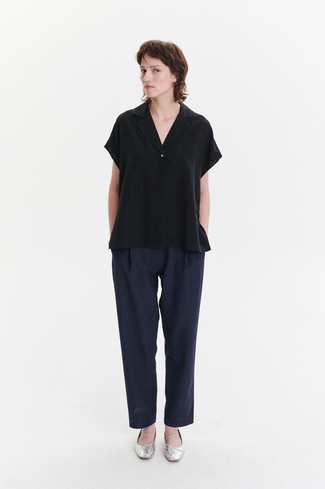 Top in a Structured Black Fine Portuguese Lyocell