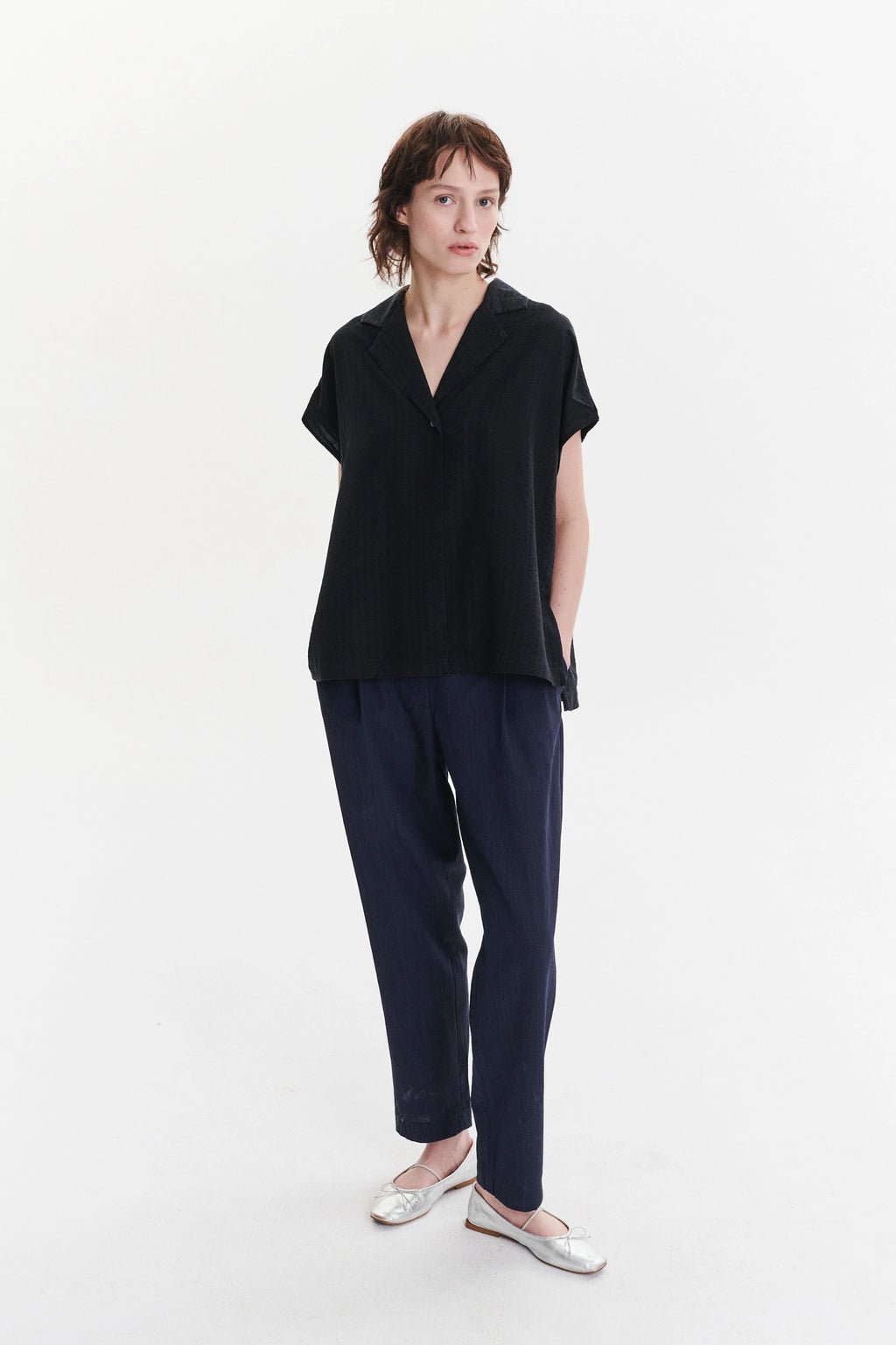 Top in a Structured Black Fine Portuguese Lyocell