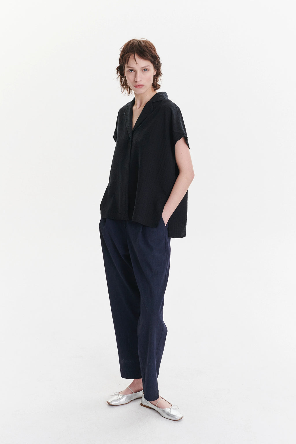 Top in a Structured Black Fine Portuguese Lyocell