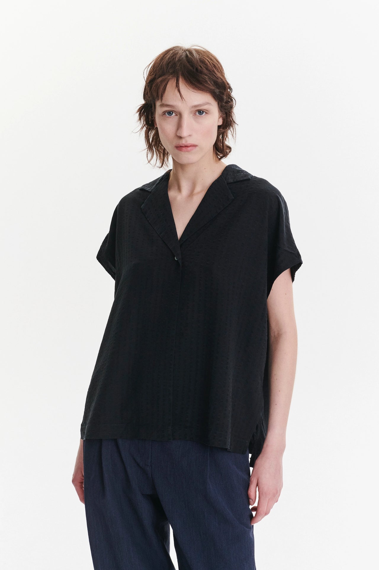 Top in a Structured Black Fine Portuguese Lyocell