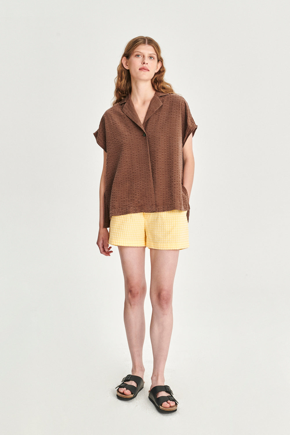 Top in a Structured Brown Fine Portuguese Lyocell