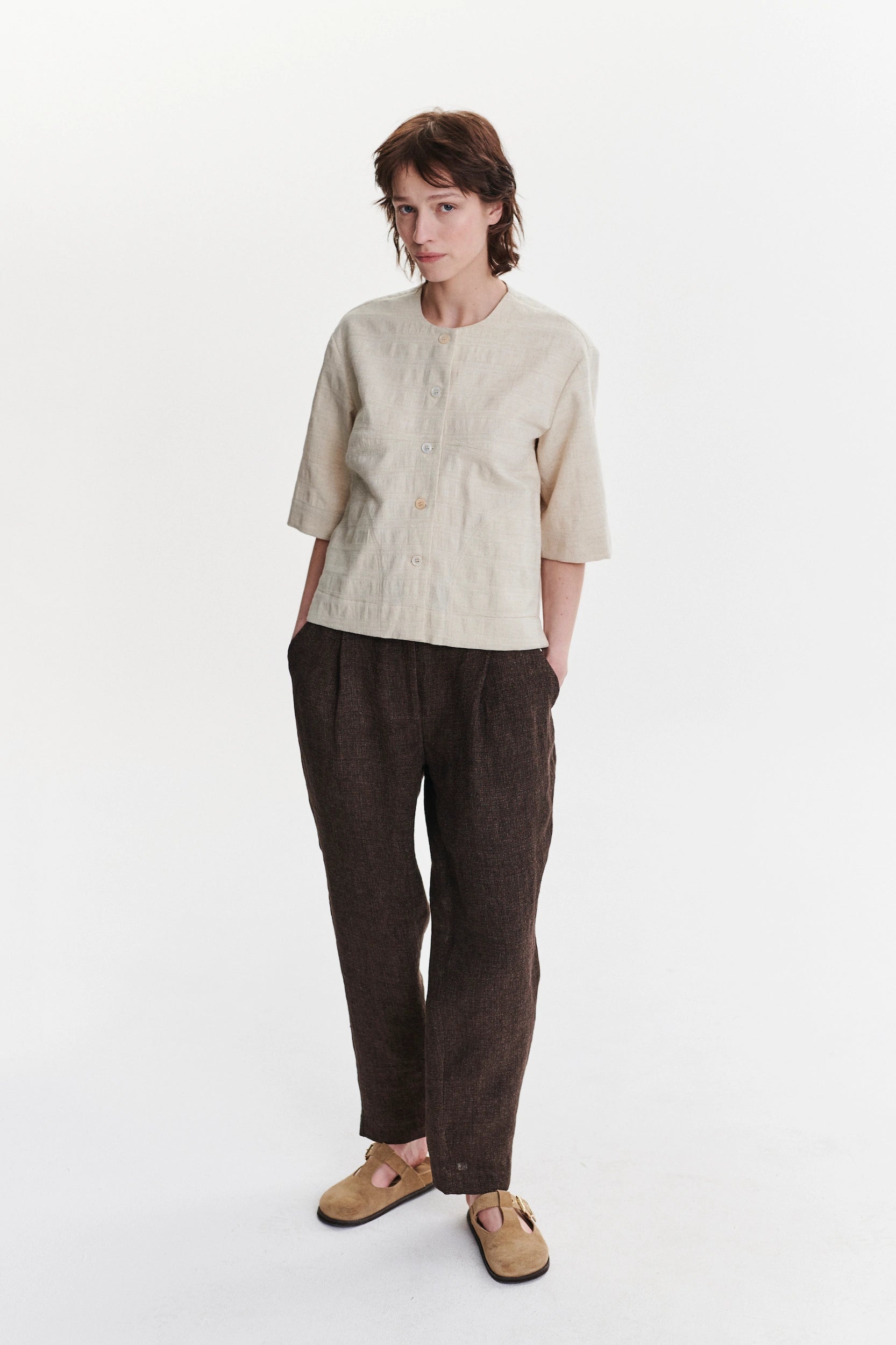 Collarless Jacket Shirt in a Grey Beige Japanese Cotton and Linen
