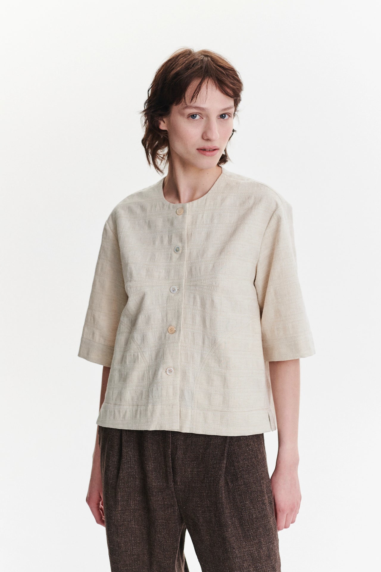 Collarless Jacket Shirt in a Grey Beige Structural Japanese Cotton and Linen