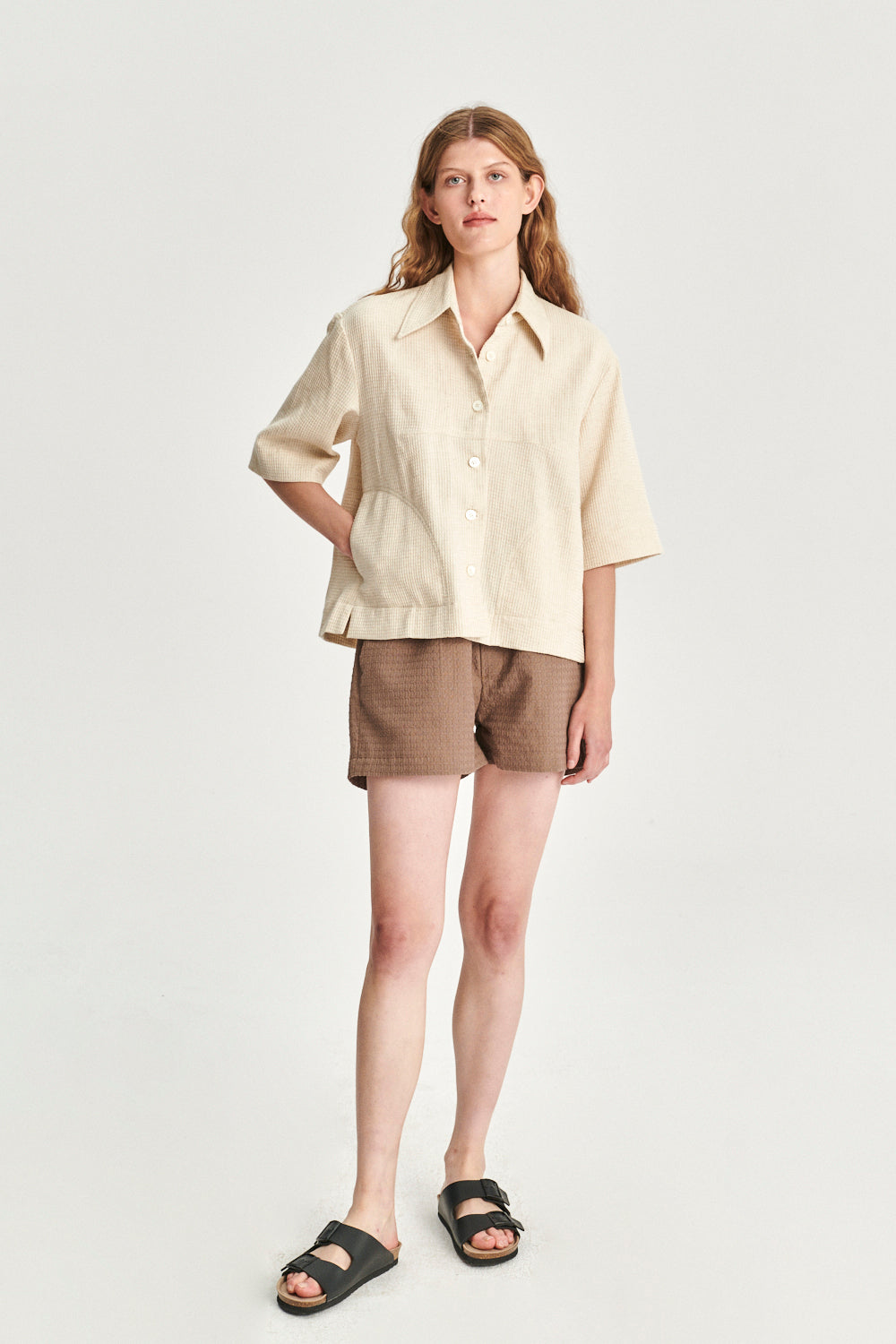 Pre-Order Relaxed Shirt Jacket in Structural Waffled Japanese Cotton and Linen