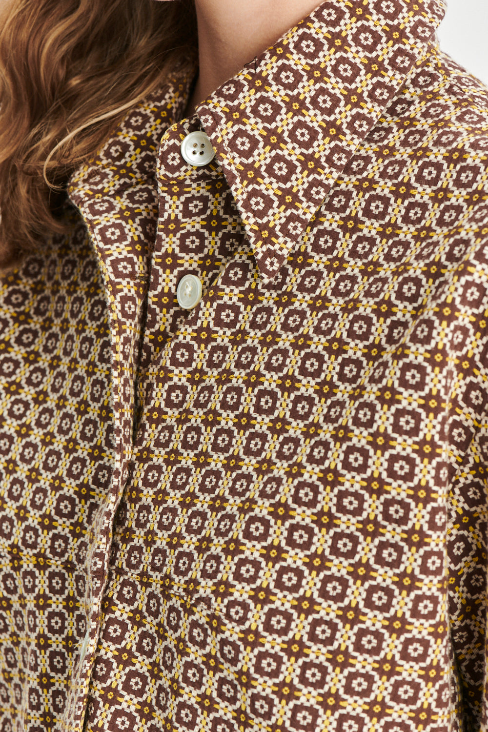 Relaxed Shirt Jacket in a Brown and Yellow Portuguese Jacquard Woven Cotton