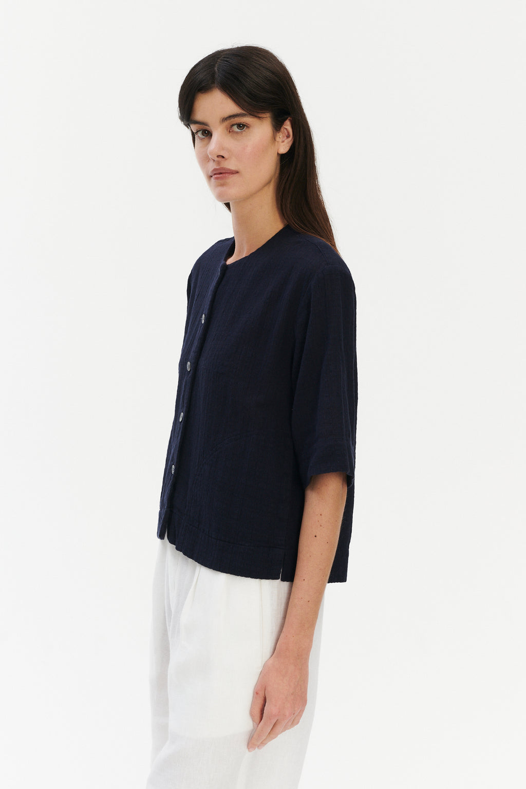 Relaxed Shirt Jacket in a Dark Navy Airy Structural Portuguese Cotton