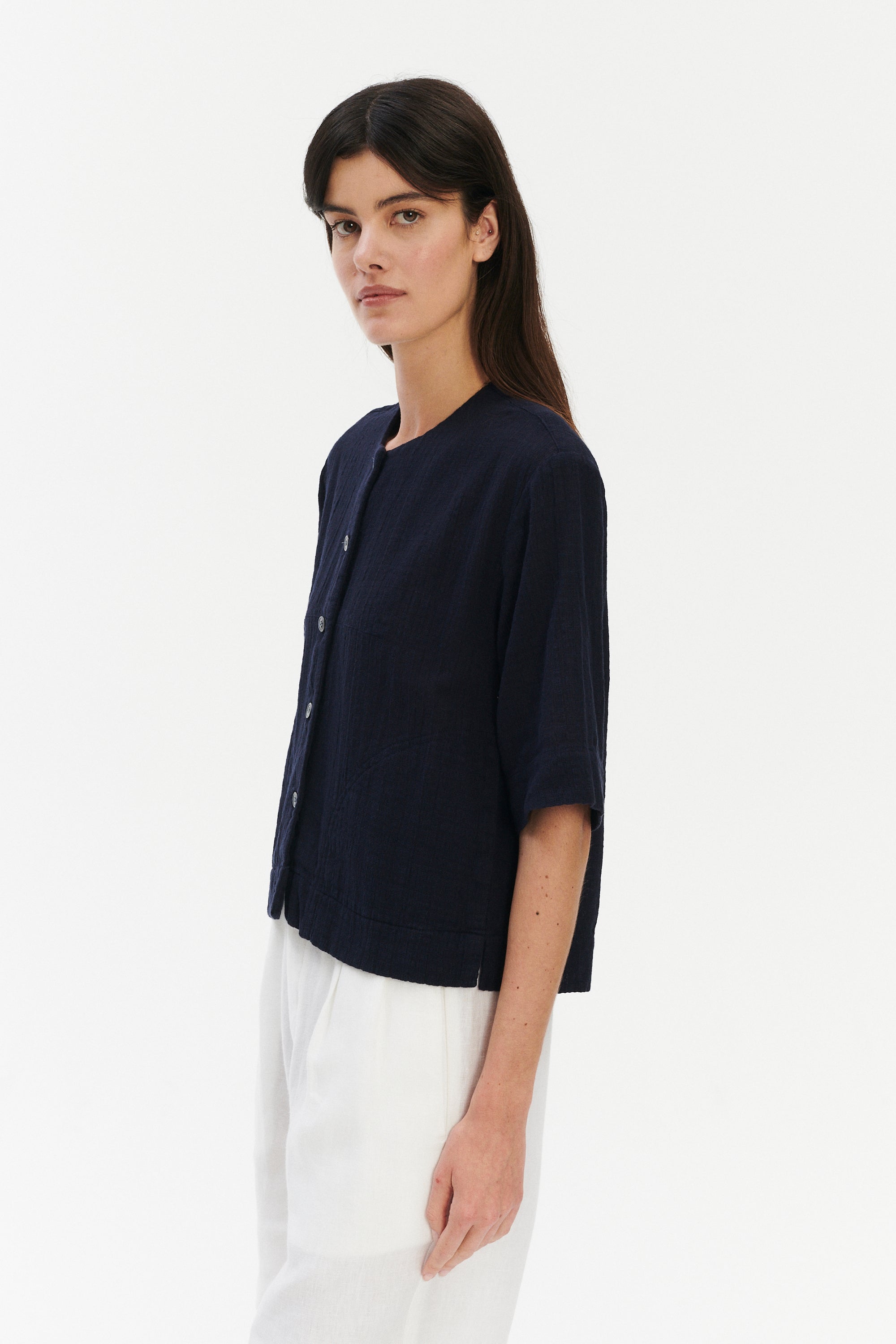 Relaxed Shirt Jacket in a Dark Navy Airy Structural Portuguese Cotton