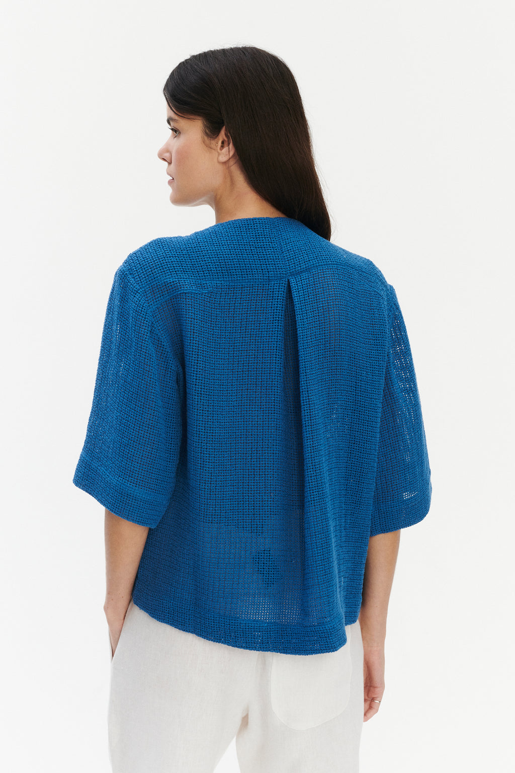 Relaxed Shirt Jacket in a Blue Crochet like fabric