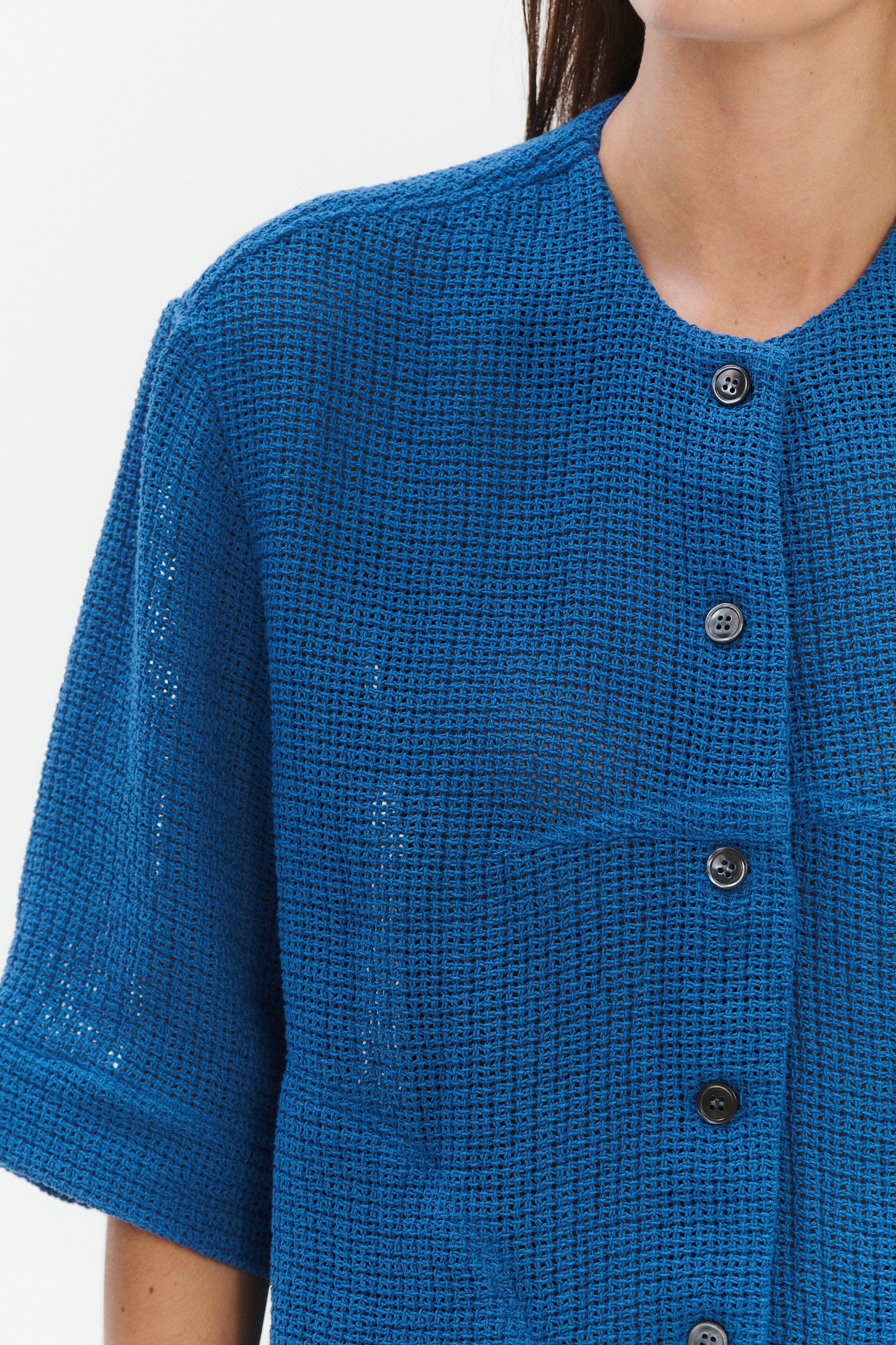 Relaxed Shirt Jacket in a Blue Crochet like fabric