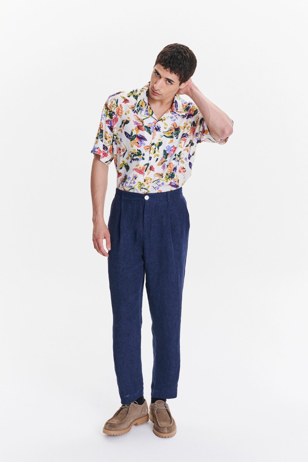 Short Sleeve Cuban Collar Shirt in a Summery Yellow, Blue and White Printed Lyocell
