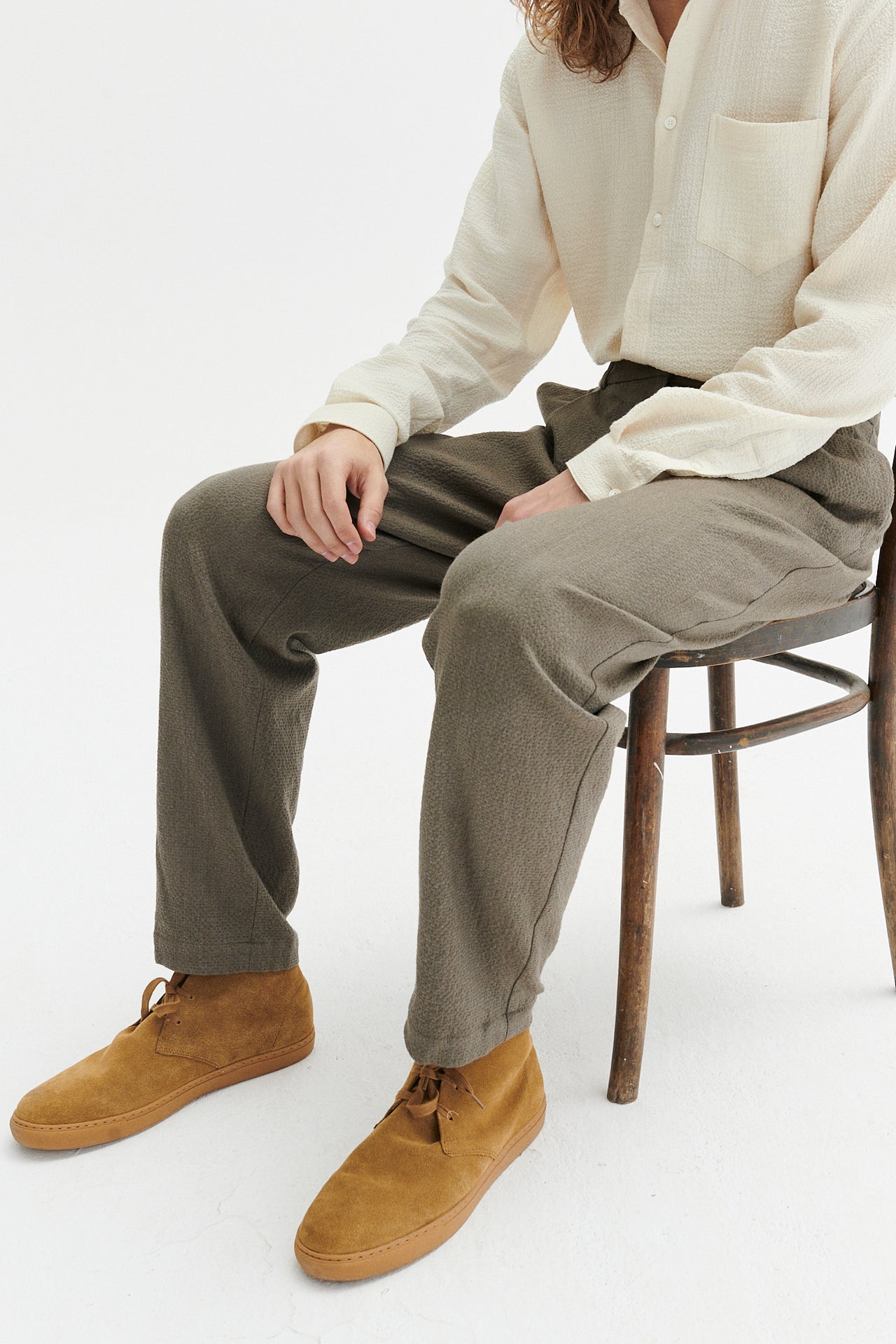 Genuine Trousers in a Taupe Italian Virgin Wool and Cotton Seersucker