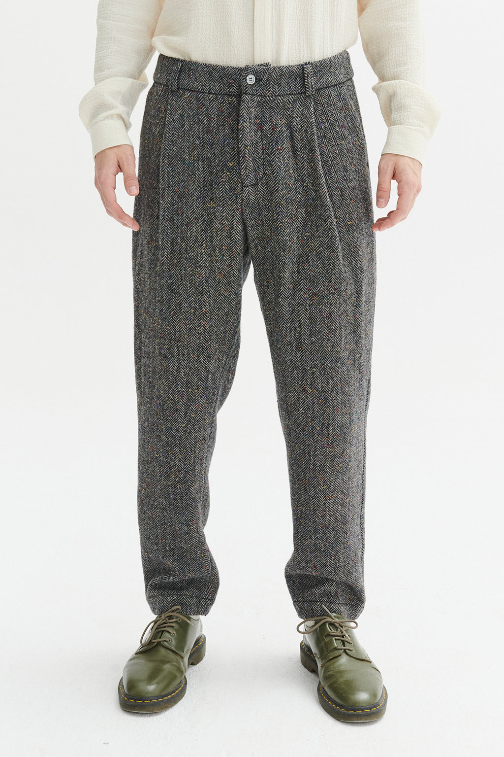 Genuine Trousers in a Grey and Black Italian Virgin Wool Herringbone Tweed