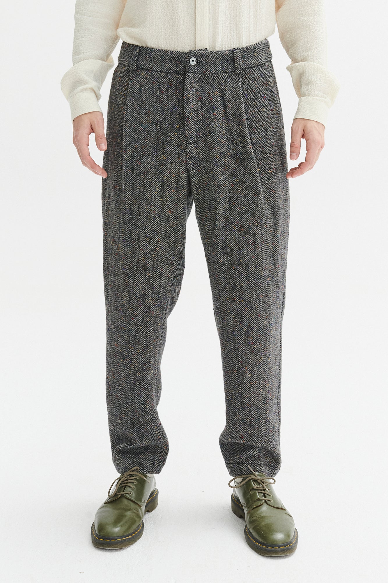 Genuine Trousers in a Grey and Black Italian Virgin Wool Herringbone Tweed