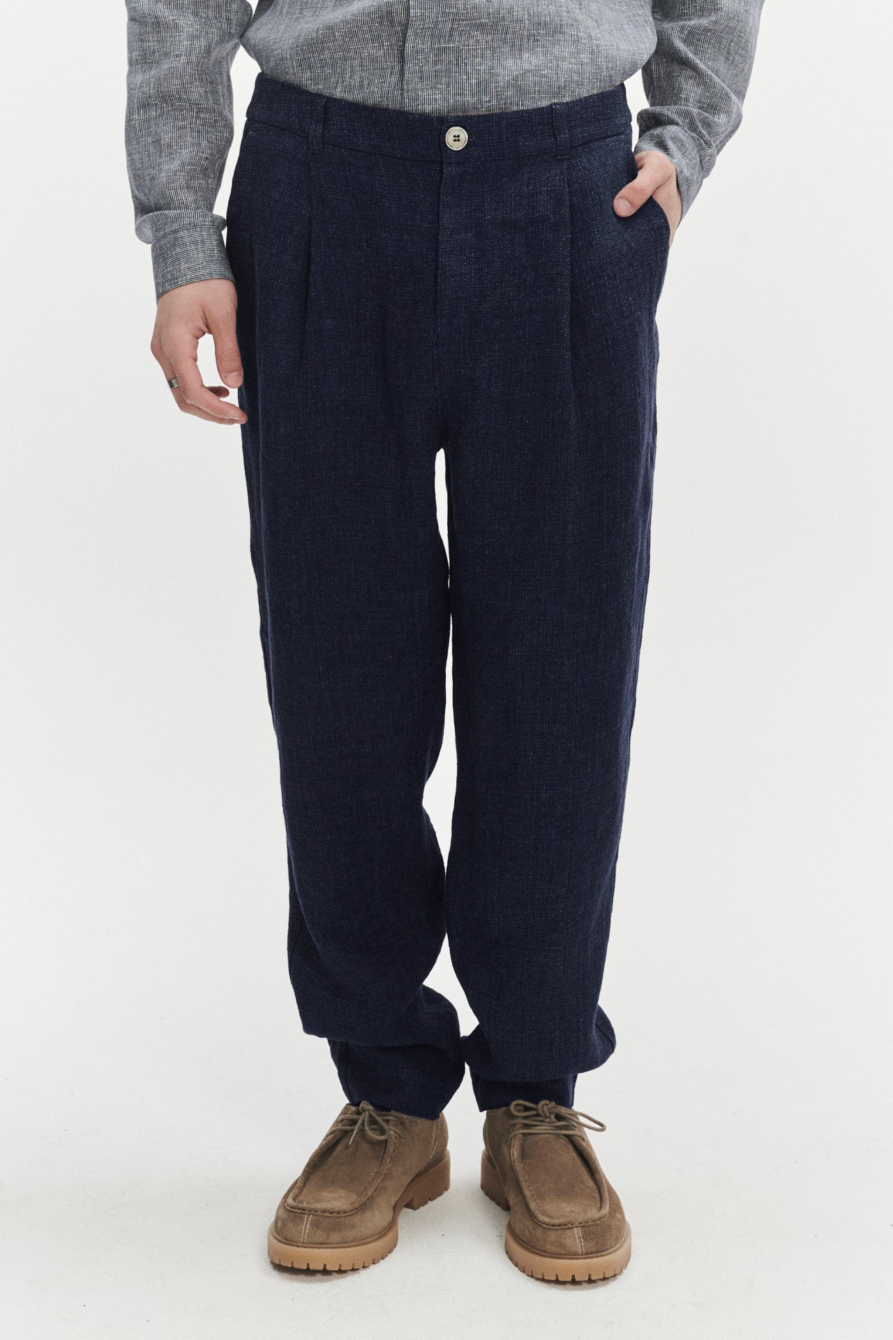 Genuine Trousers in a Navy Fluid and Structured Italian Linen Crepe