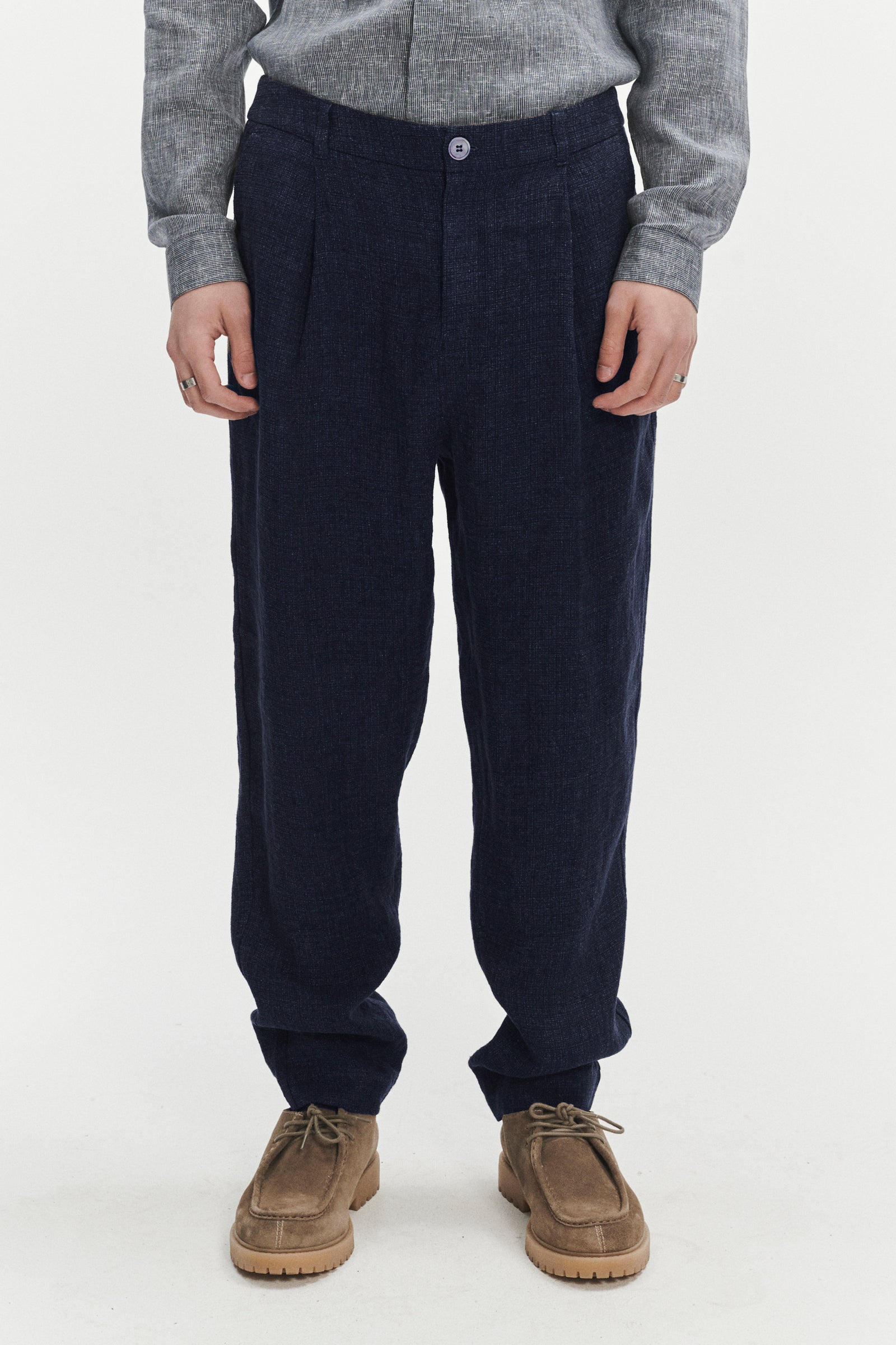 Genuine Trousers in a Navy Blue Fluid Italian Linen Crepe
