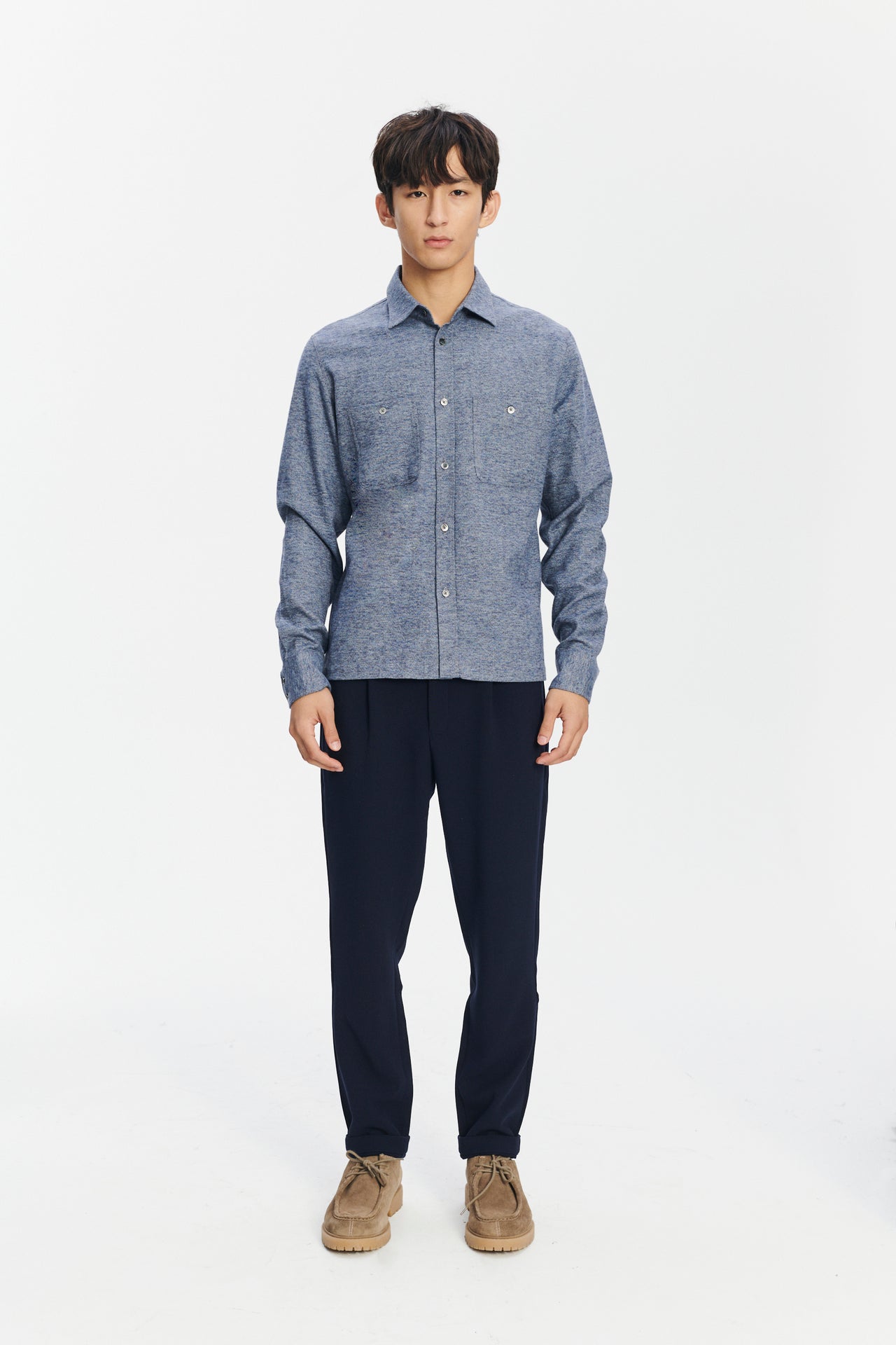 Carpenter Shirt with Two Pockets in a Fine Blue Melange  Flannel from Albini