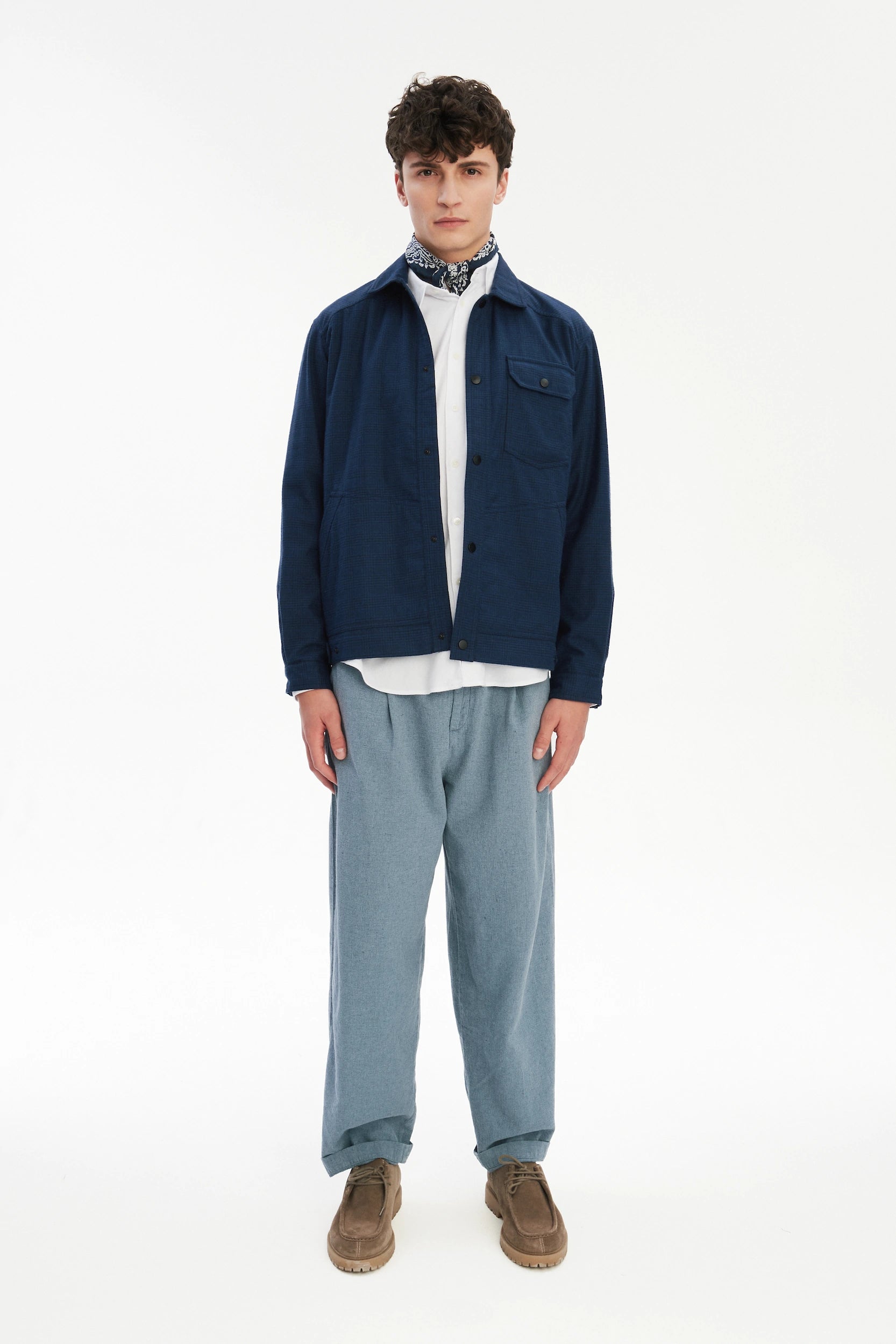 French Workwear Jacket in a Tonal Prussian Blue and Black Chequered Italian Cotton Flannel