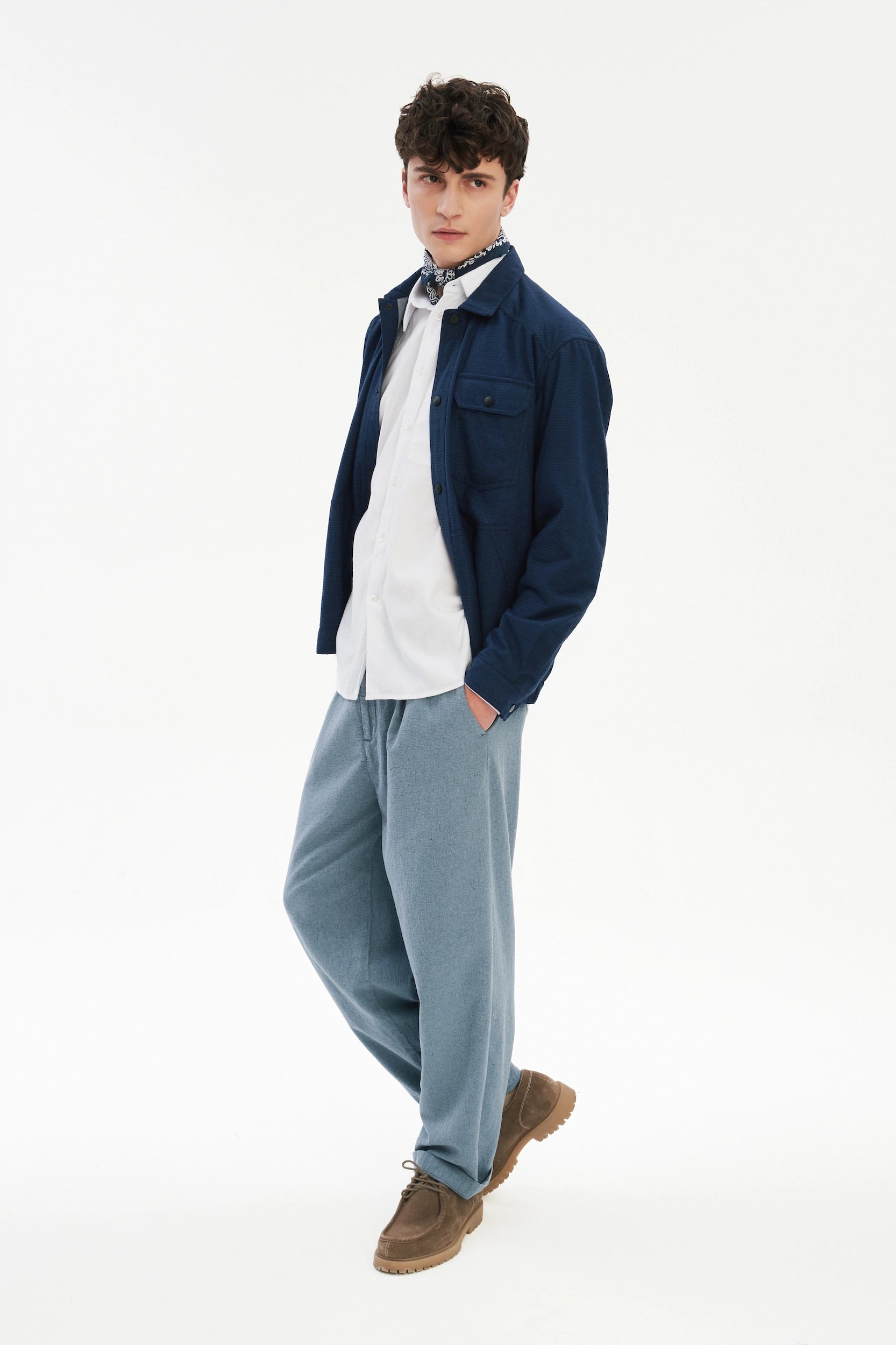 French Workwear Jacket in a Tonal Prussian Blue and Black Chequered Italian Cotton Flannel