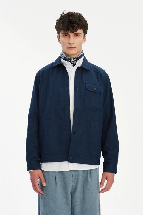 French Workwear Jacket in a Tonal Prussian Blue and Black Chequered Italian Cotton Flannel