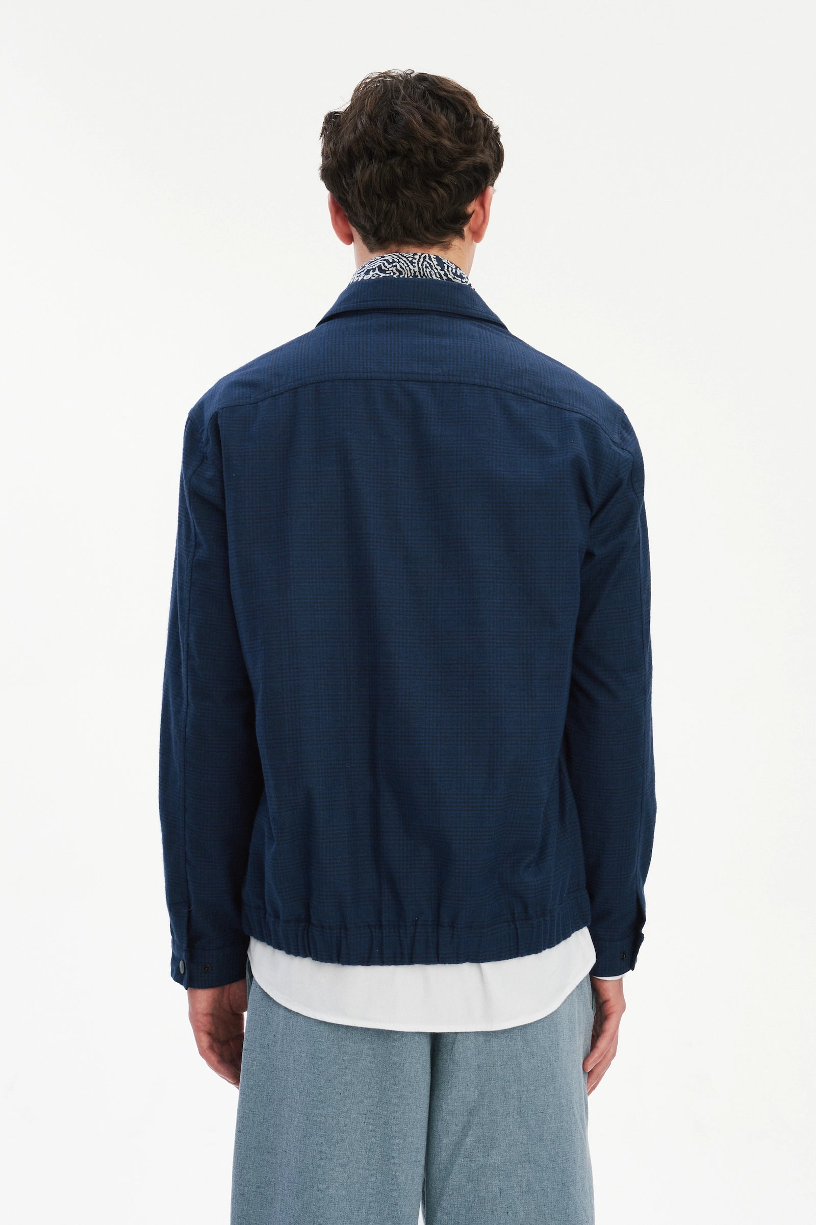 French Workwear Jacket in a Tonal Prussian Blue and Black Chequered Italian Cotton Flannel