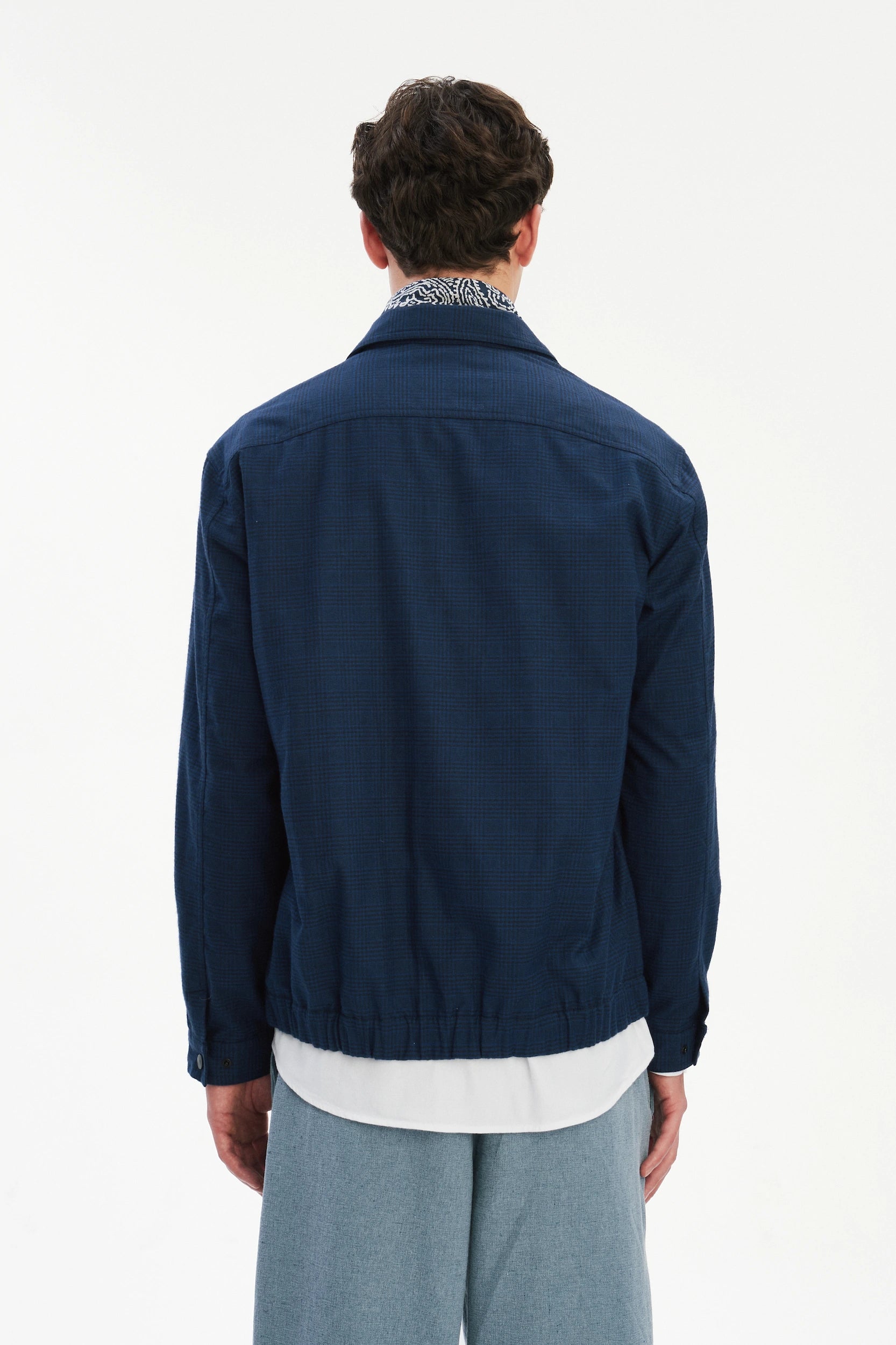French Workwear Jacket in a Tonal Prussian Blue and Black Chequered Italian Cotton Flannel